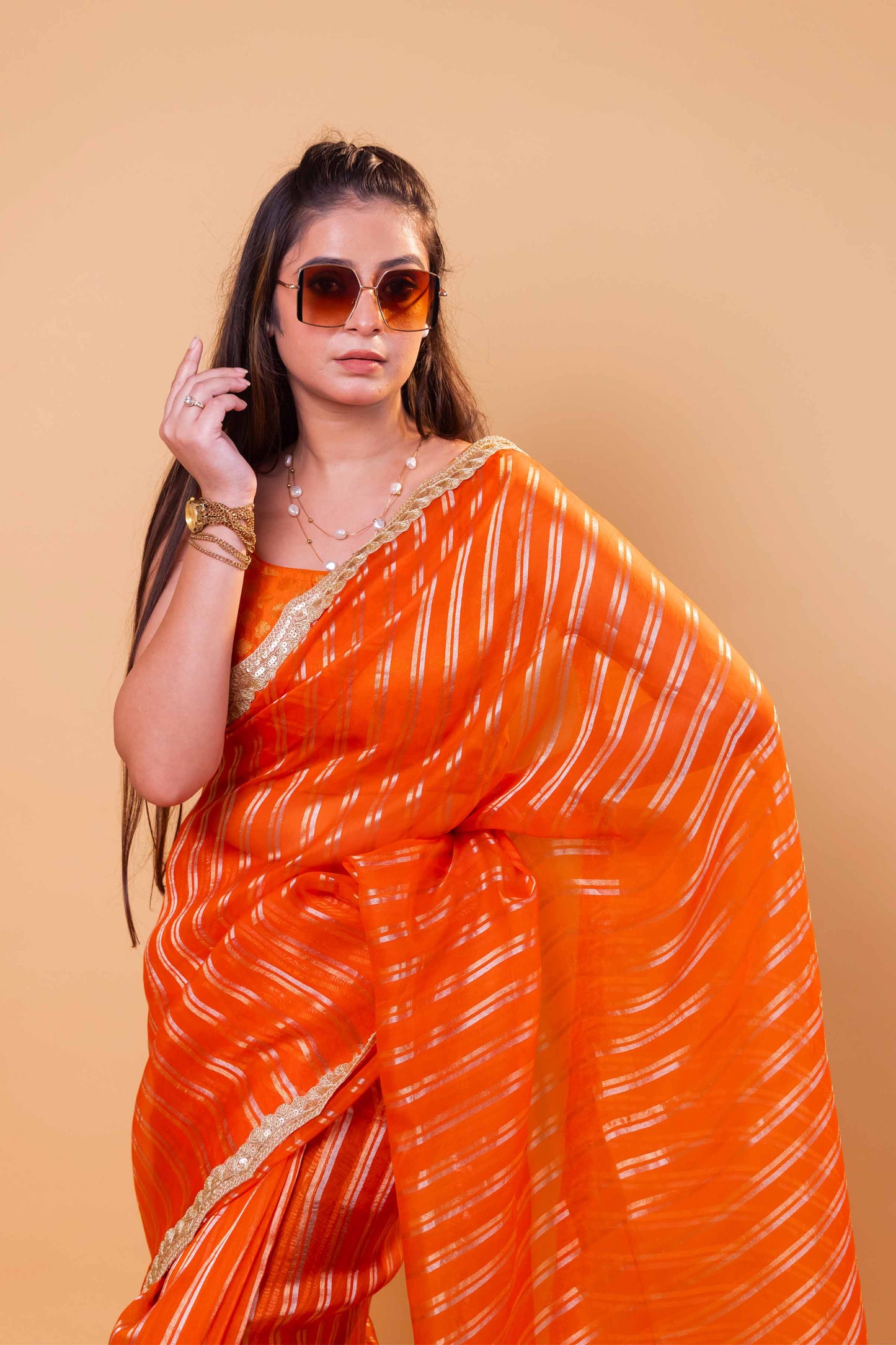 Orange Sona Rupa Stripe Organza Silk Saree With Embellished Border