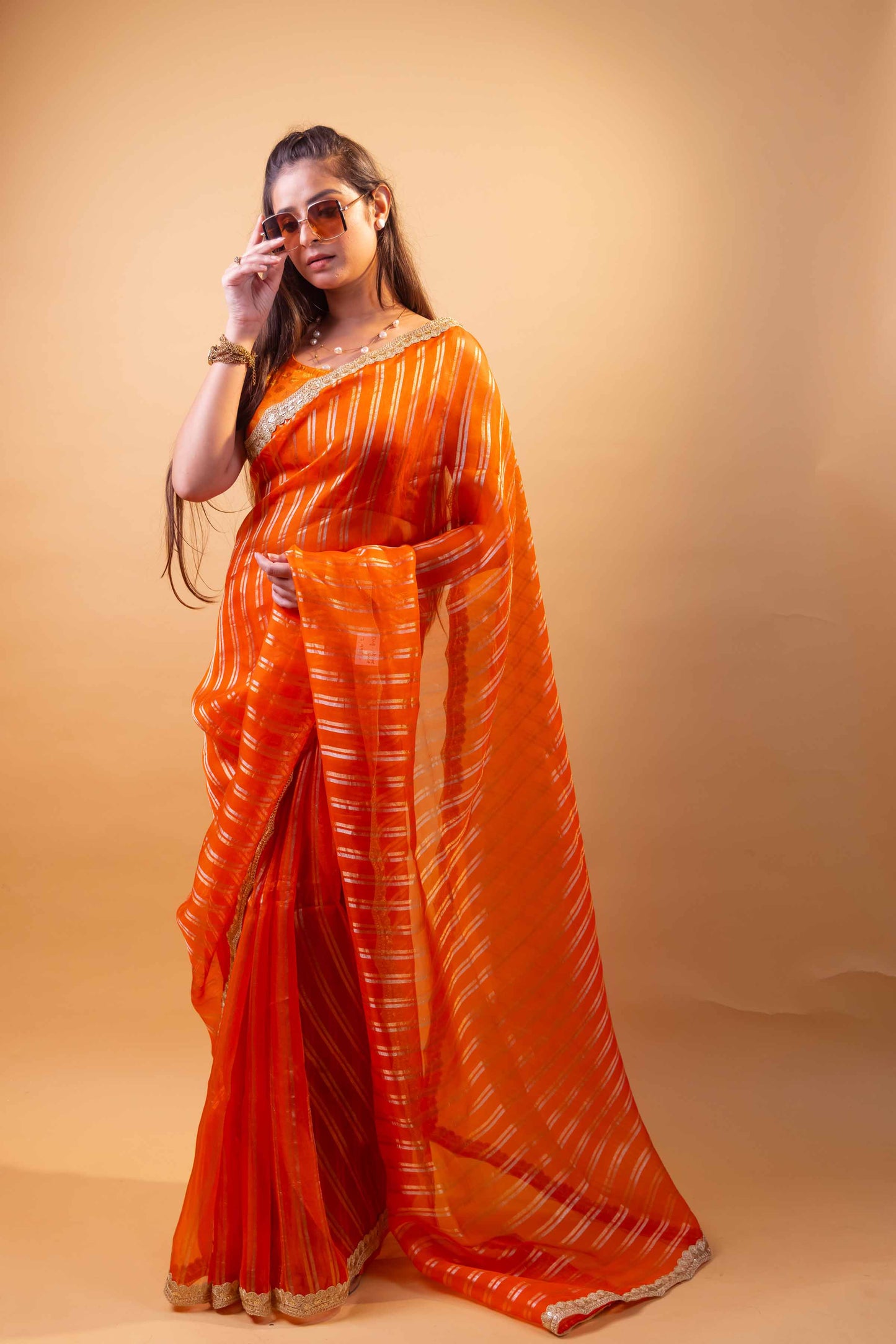 Orange Sona Rupa Stripe Organza Silk Saree With Embellished Border