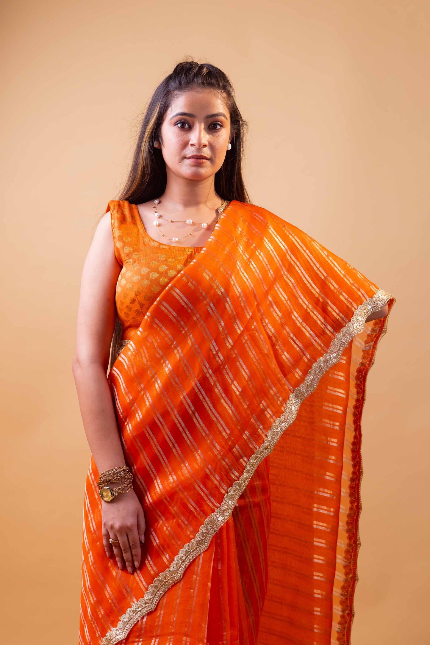 Orange Sona Rupa Stripe Organza Silk Saree With Embellished Border