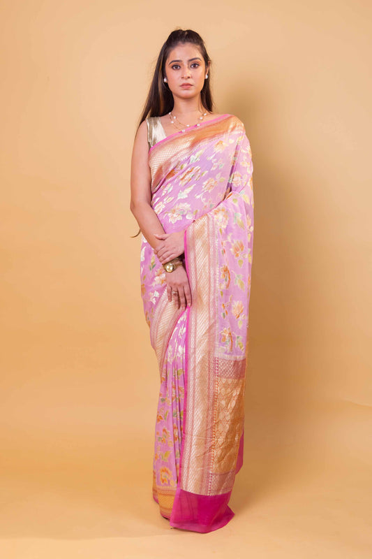 Lavender Meenakari Khaddi Georgette Silk Saree