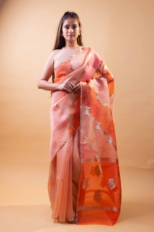 Orange & Pink Ada Rangkat Kadhua Organza Silk Saree