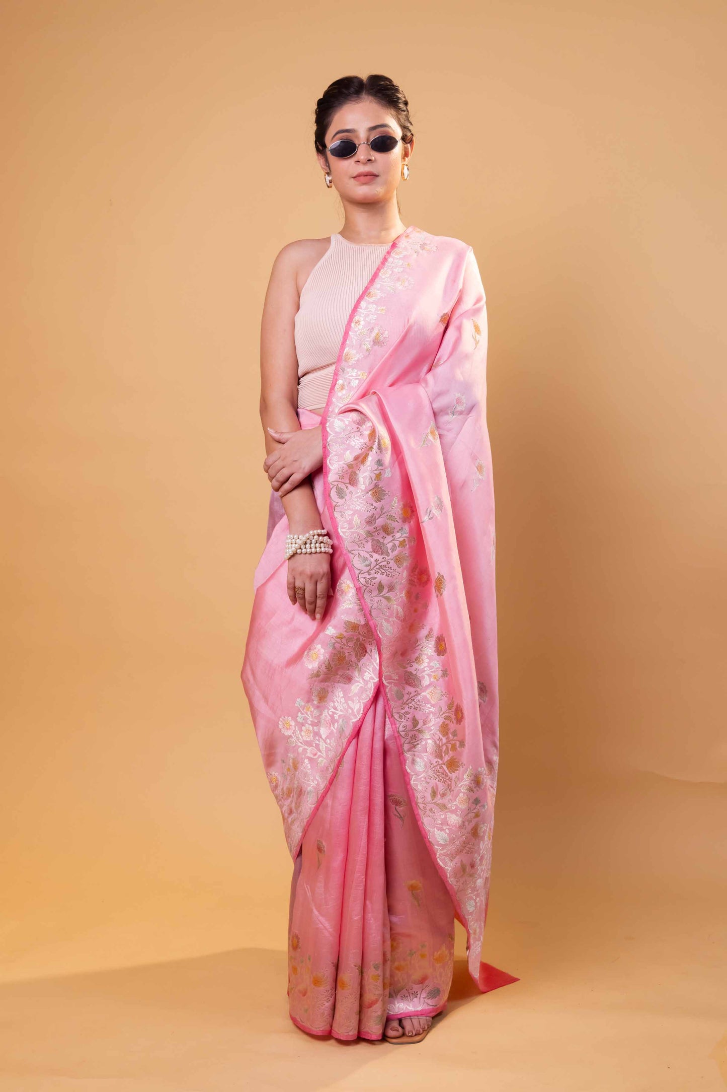 Peachy Pink Meenakari Pure Raw Mango Silk Saree