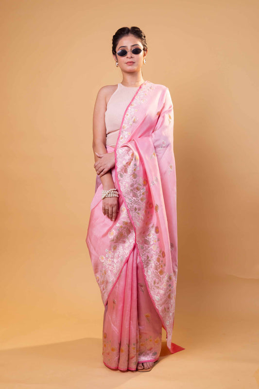 Peachy Pink Meenakari Pure Raw Mango Silk Saree