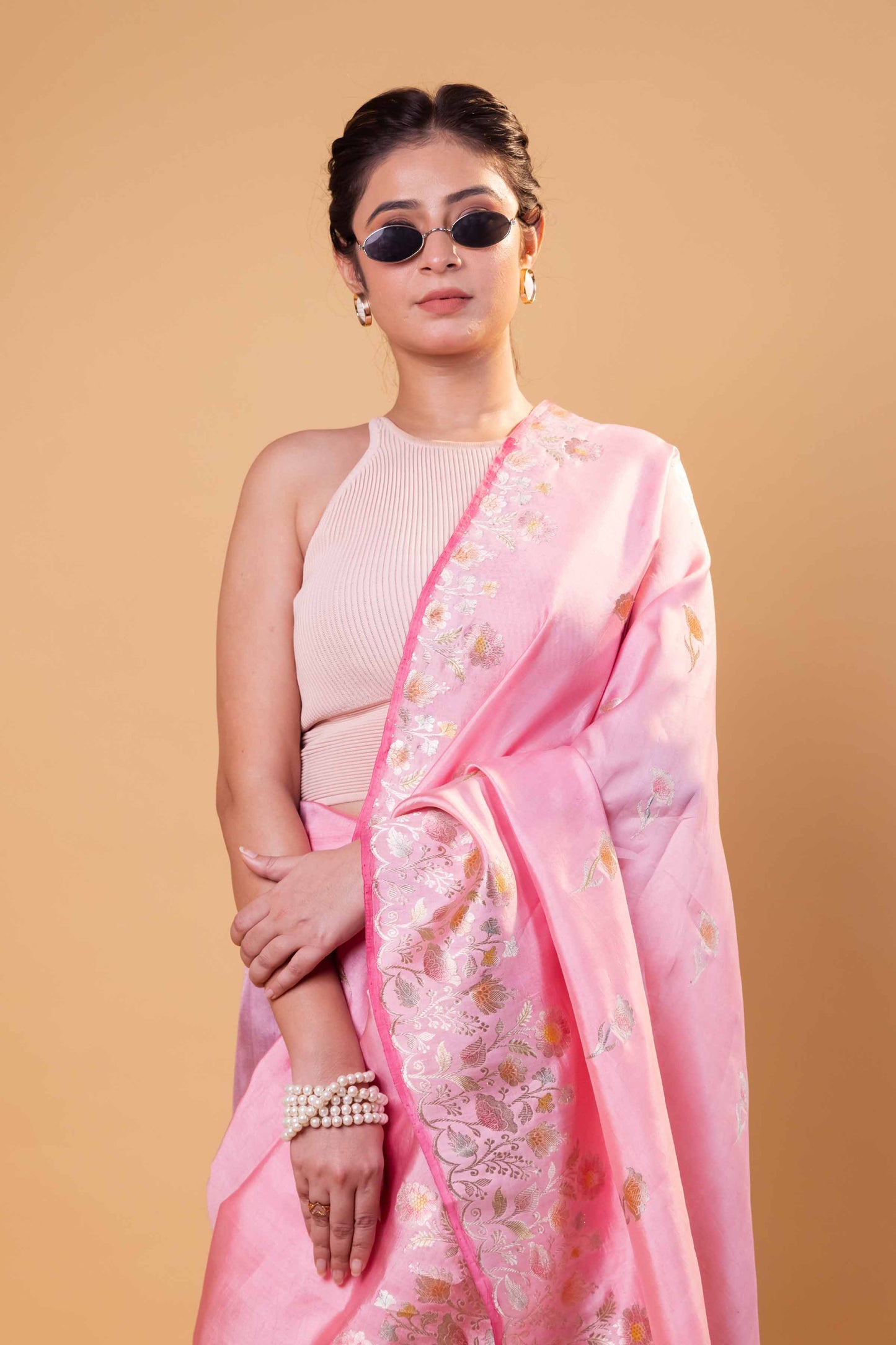 Peachy Pink Meenakari Pure Raw Mango Silk Saree
