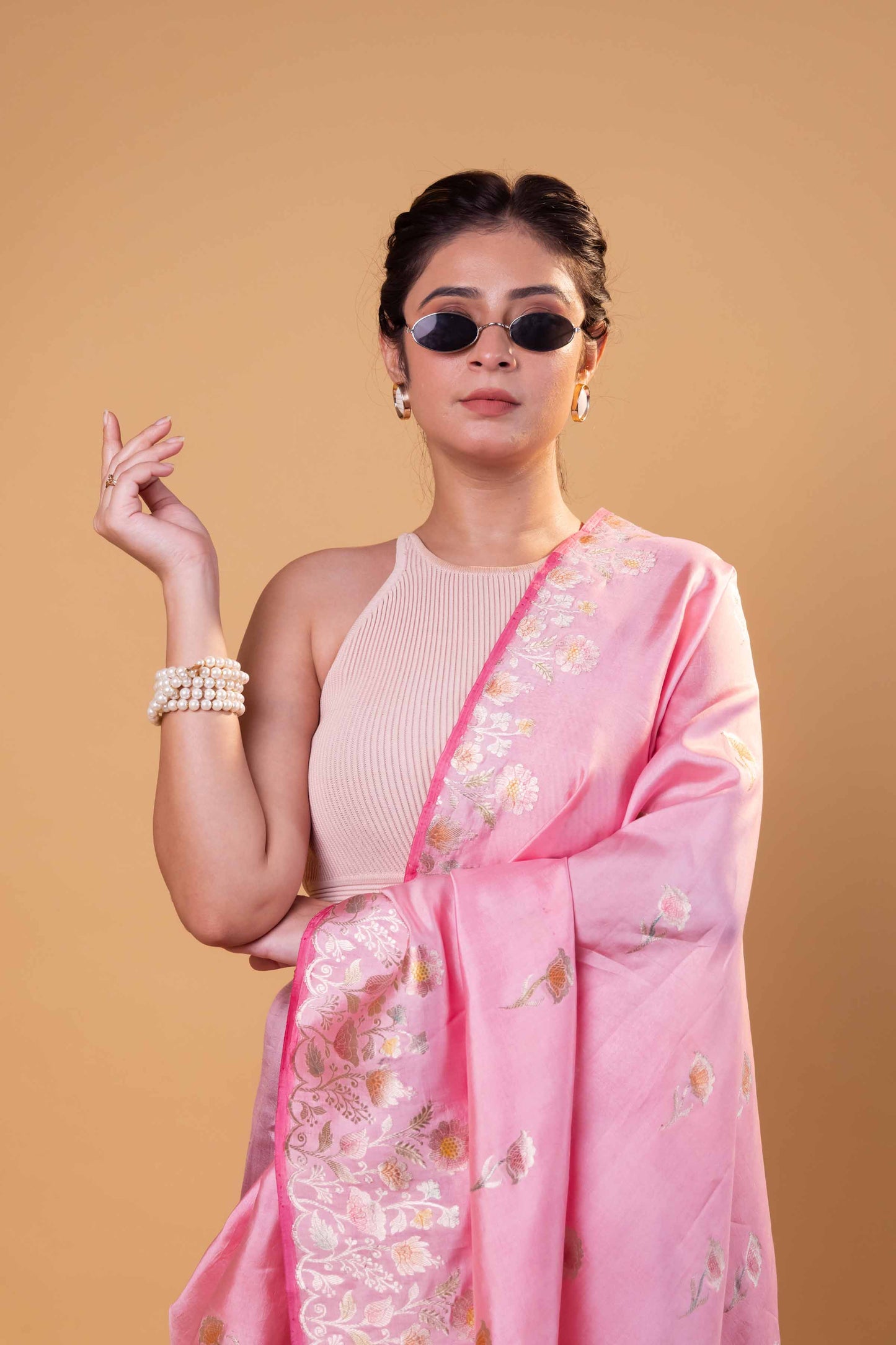 Peachy Pink Meenakari Pure Raw Mango Silk Saree