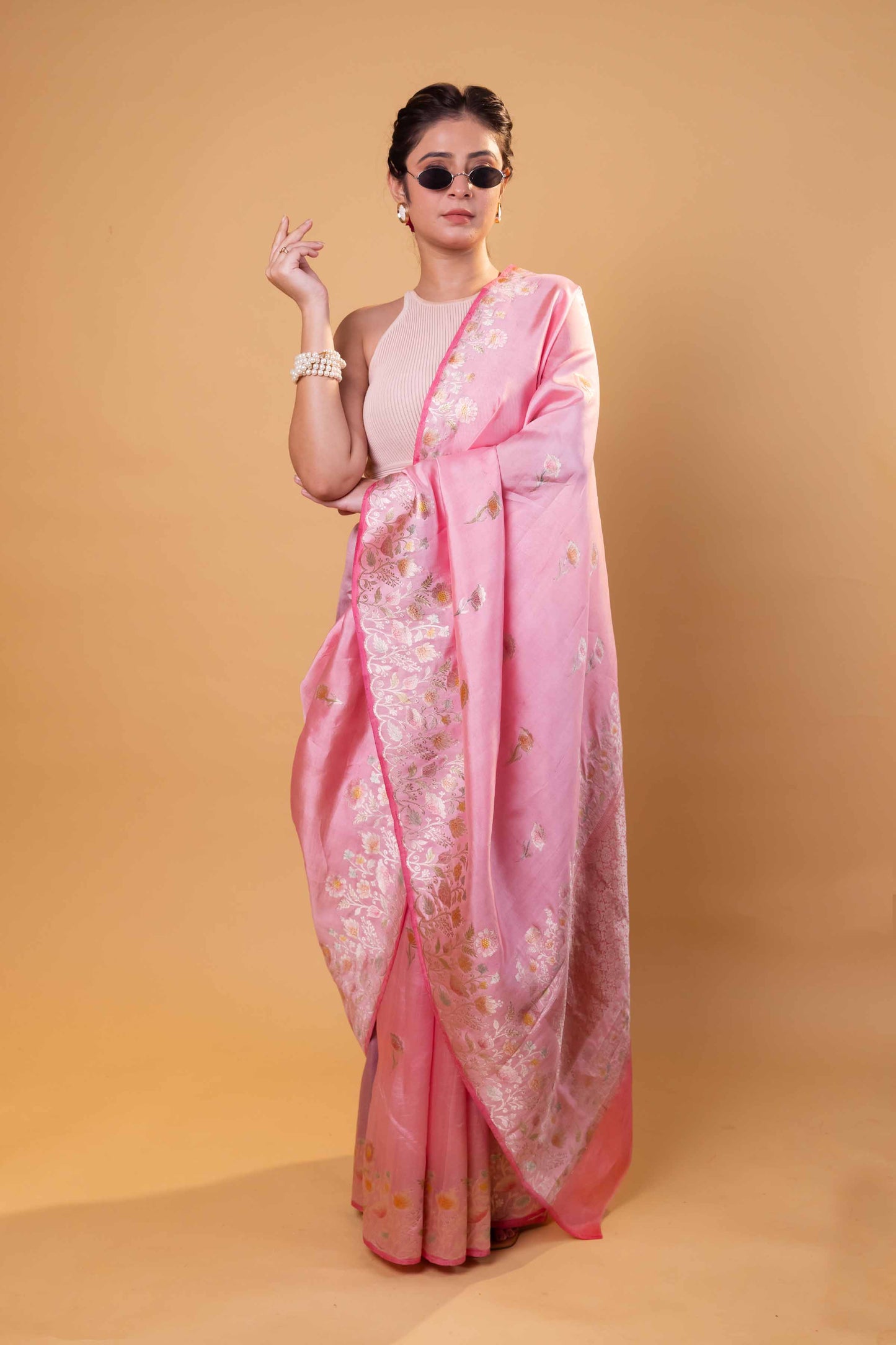 Peachy Pink Meenakari Pure Raw Mango Silk Saree