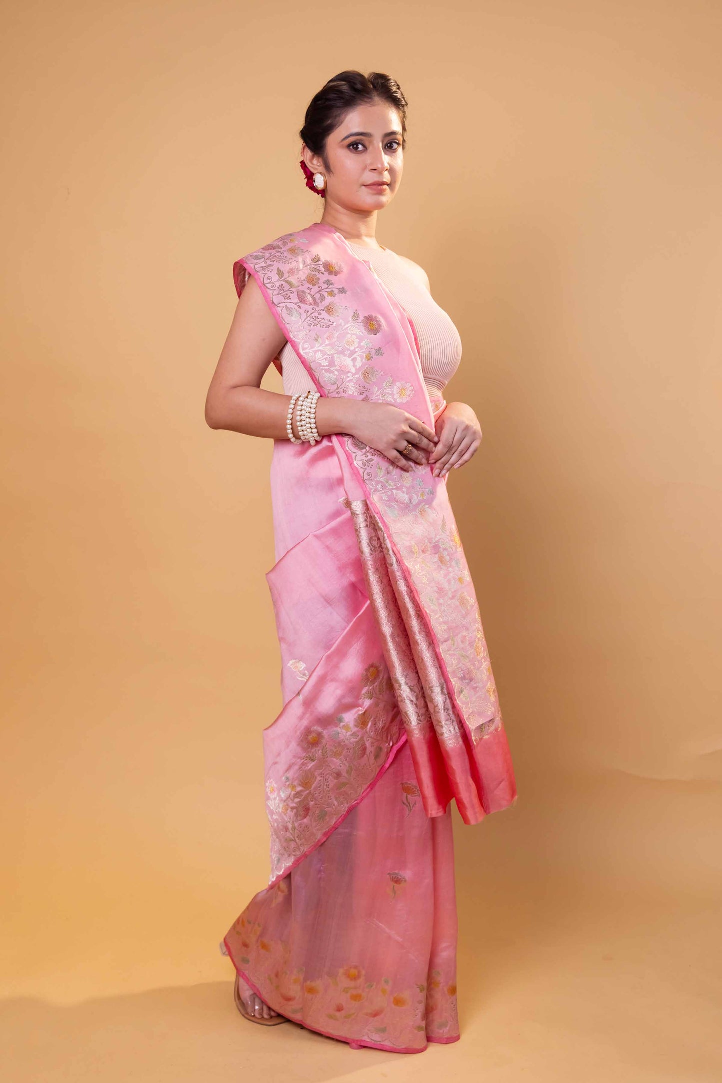 Peachy Pink Meenakari Pure Raw Mango Silk Saree
