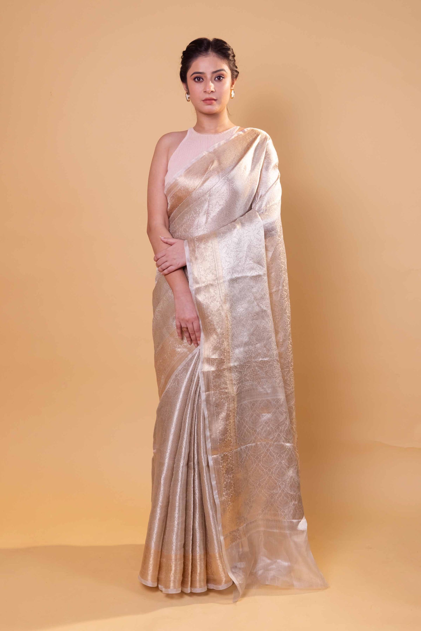 White Sona Rupa Tanchoi Pure Tissue Silk Saree
