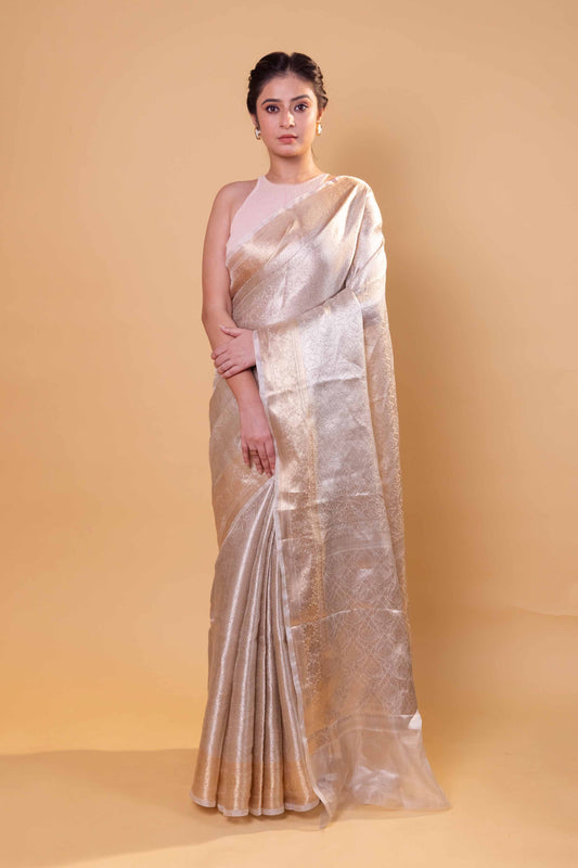 White Sona Rupa Tanchoi Pure Tissue Silk Saree