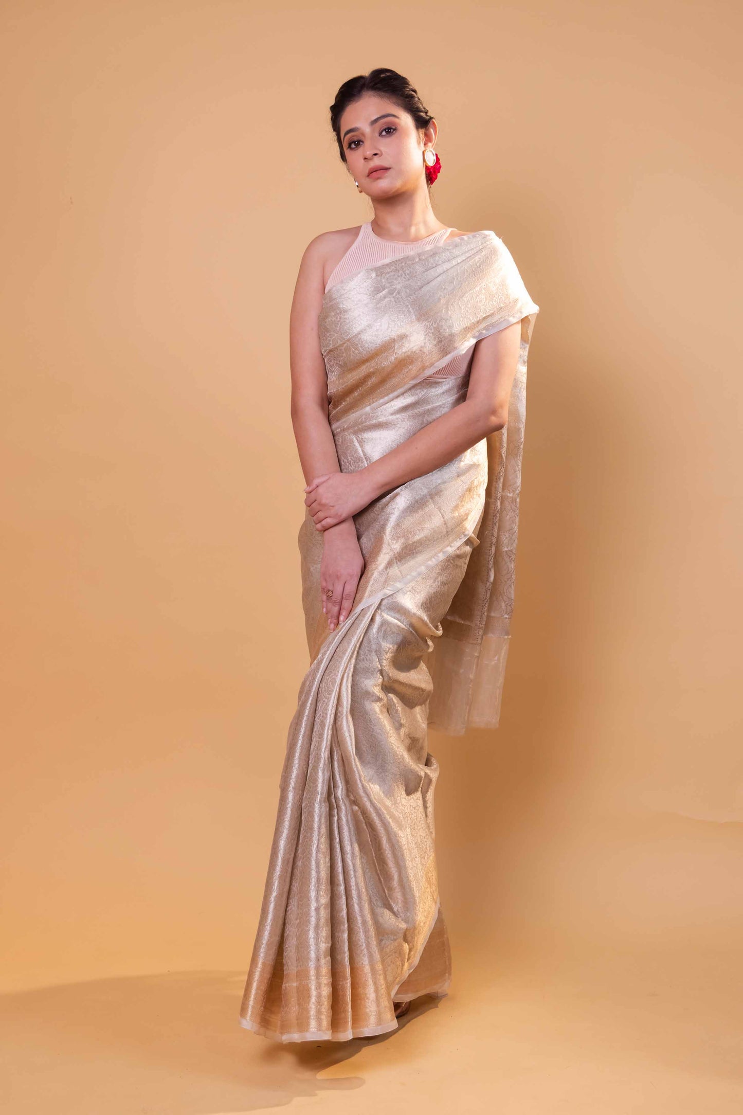 White Sona Rupa Tanchoi Pure Tissue Silk Saree