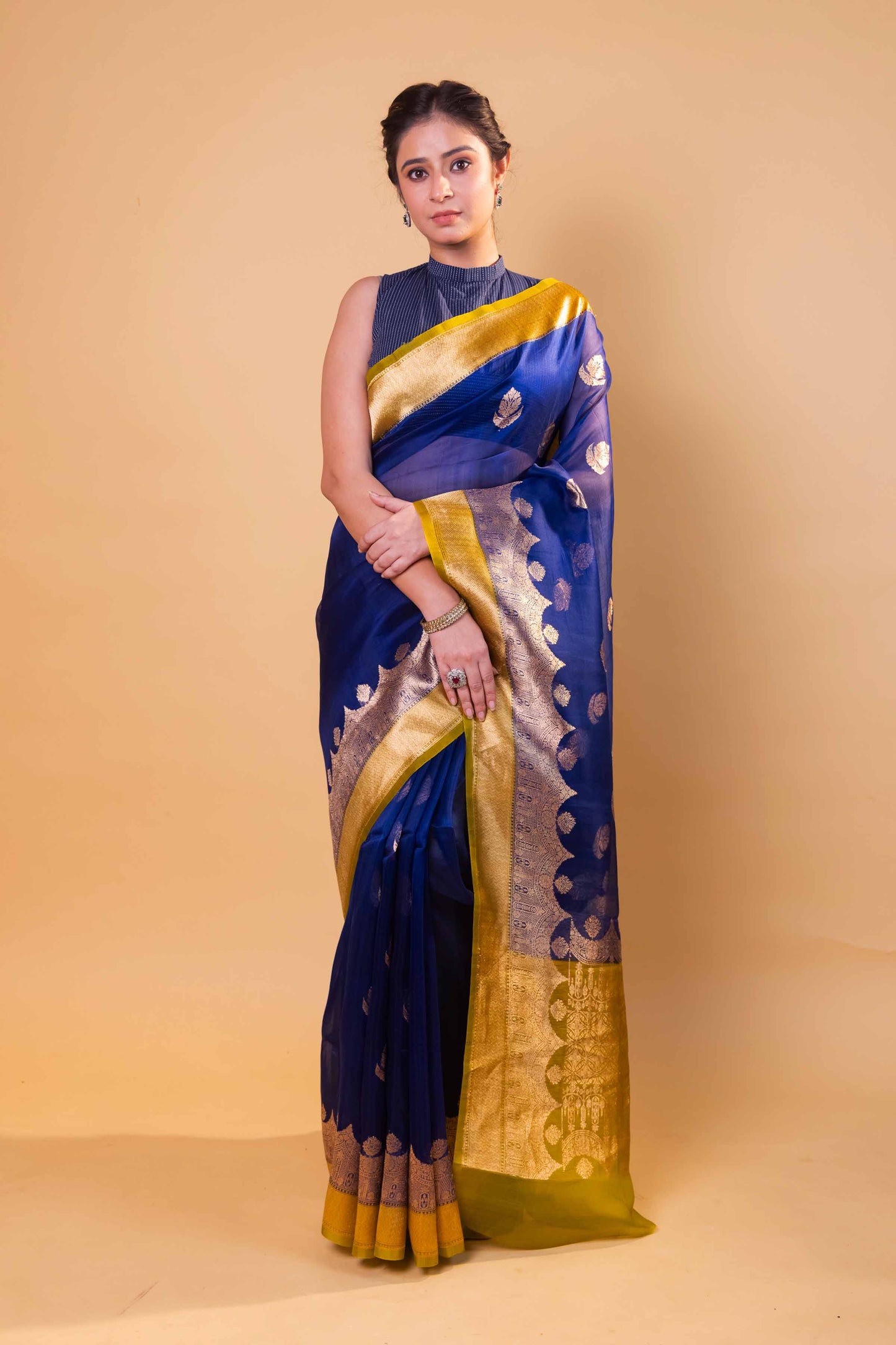 Royal Blue & Olive Kadhua Organza Silk Saree