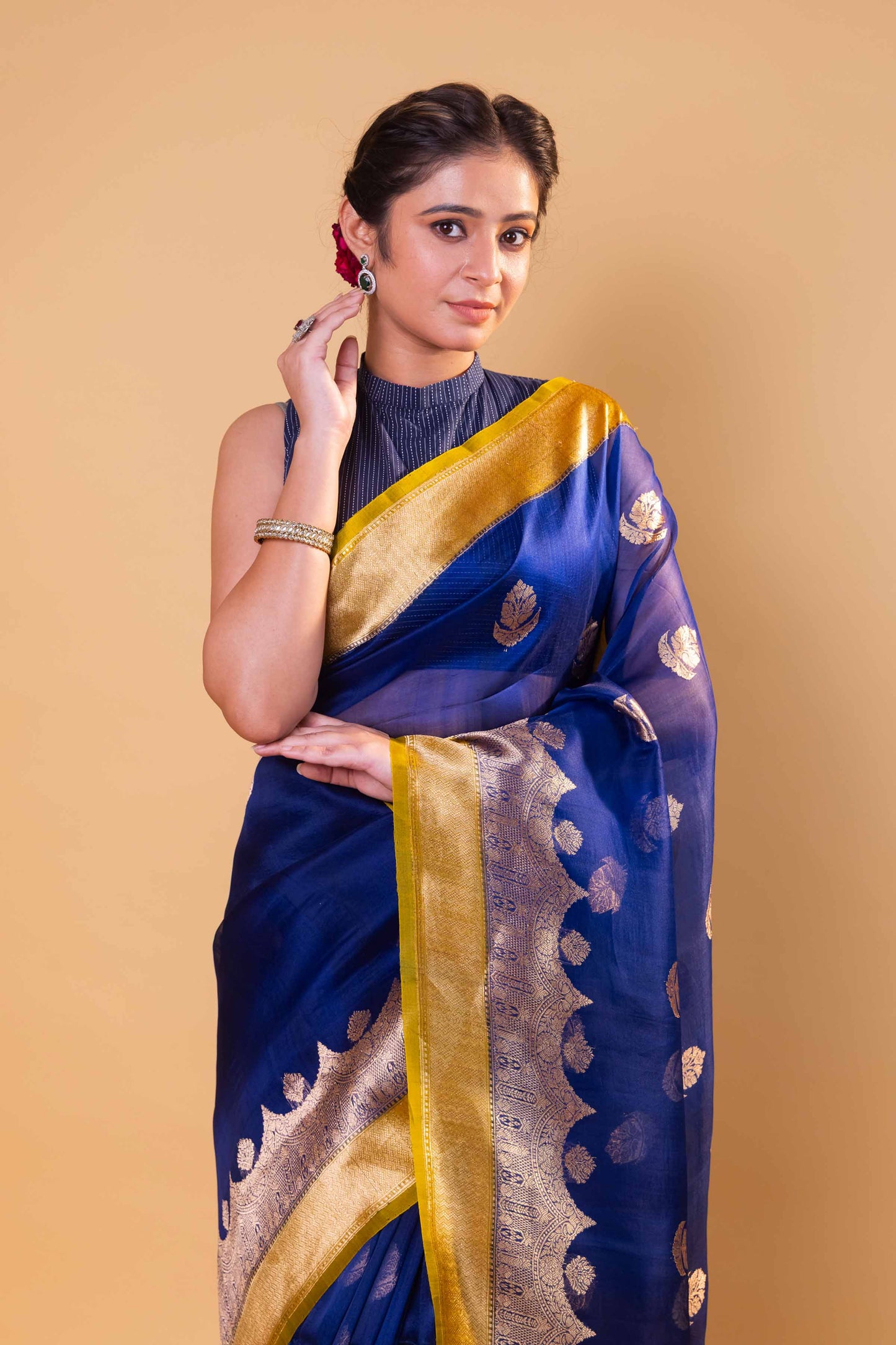 Royal Blue & Olive Kadhua Organza Silk Saree