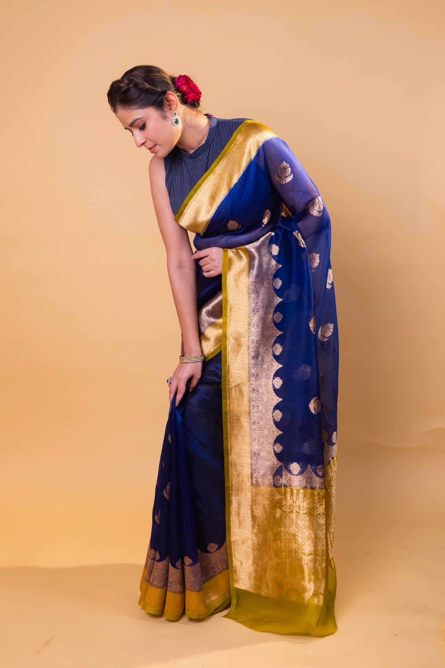 Royal Blue & Olive Kadhua Organza Silk Saree
