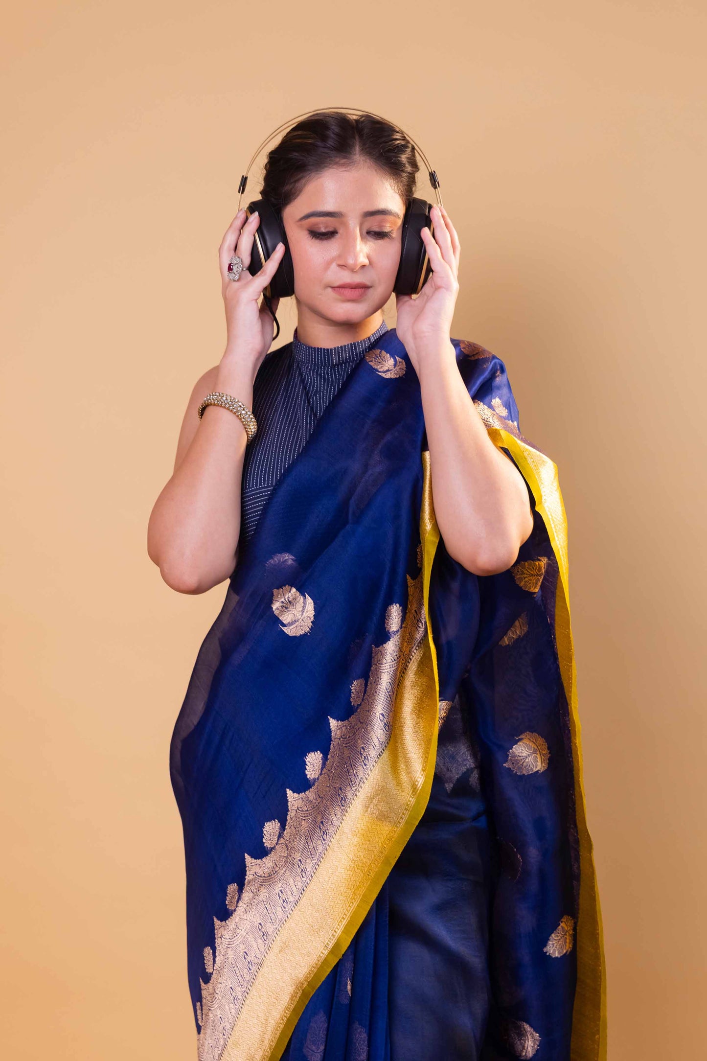 Royal Blue & Olive Kadhua Organza Silk Saree