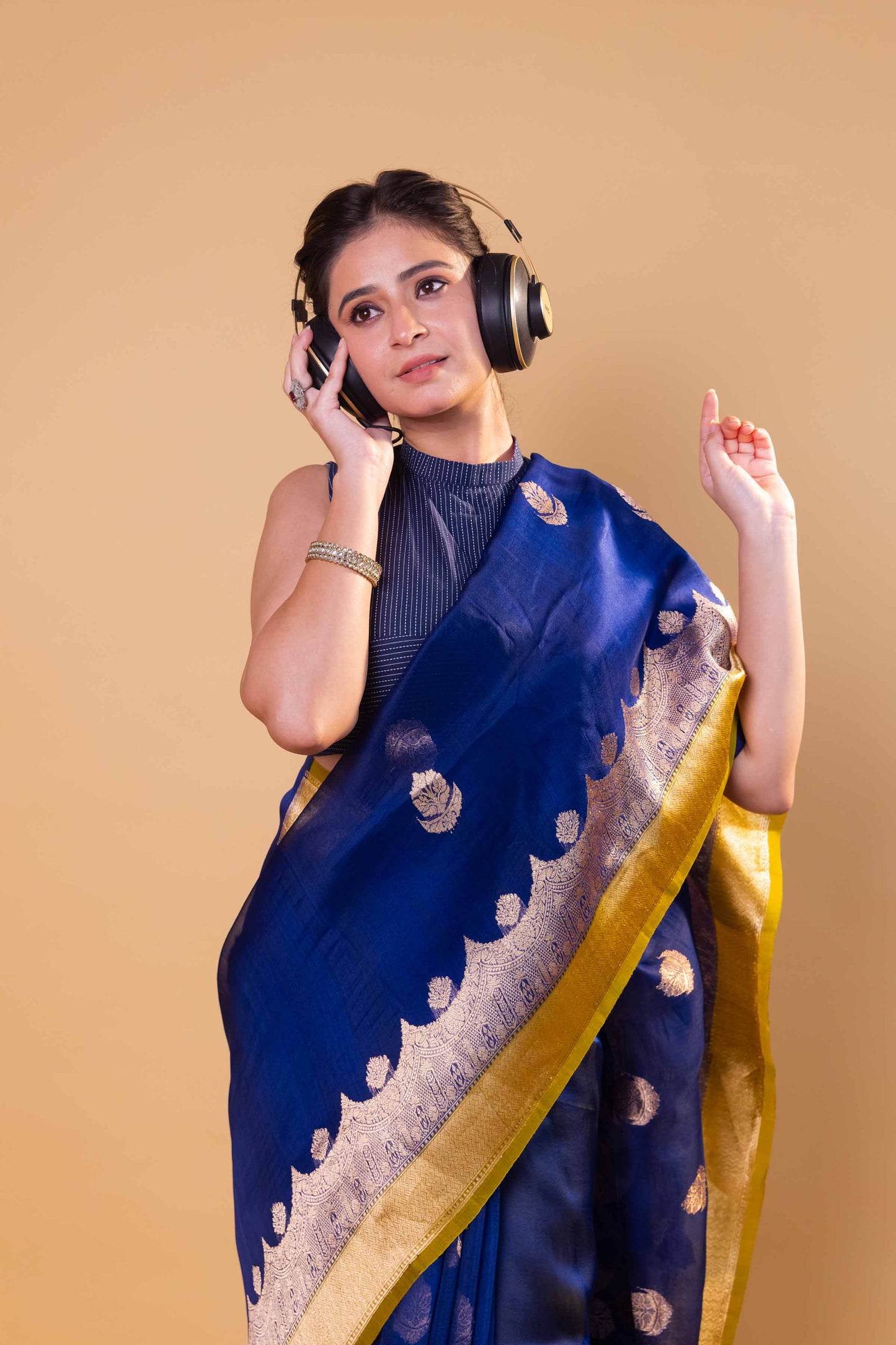 Royal Blue & Olive Kadhua Organza Silk Saree