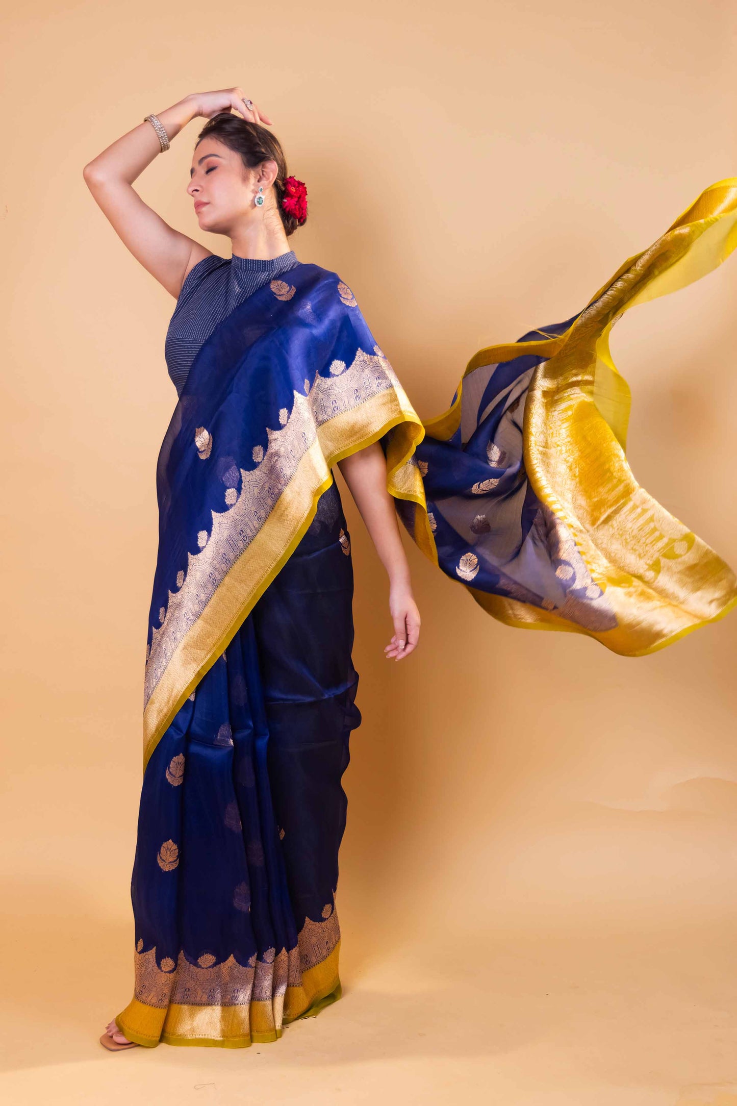 Royal Blue & Olive Kadhua Organza Silk Saree