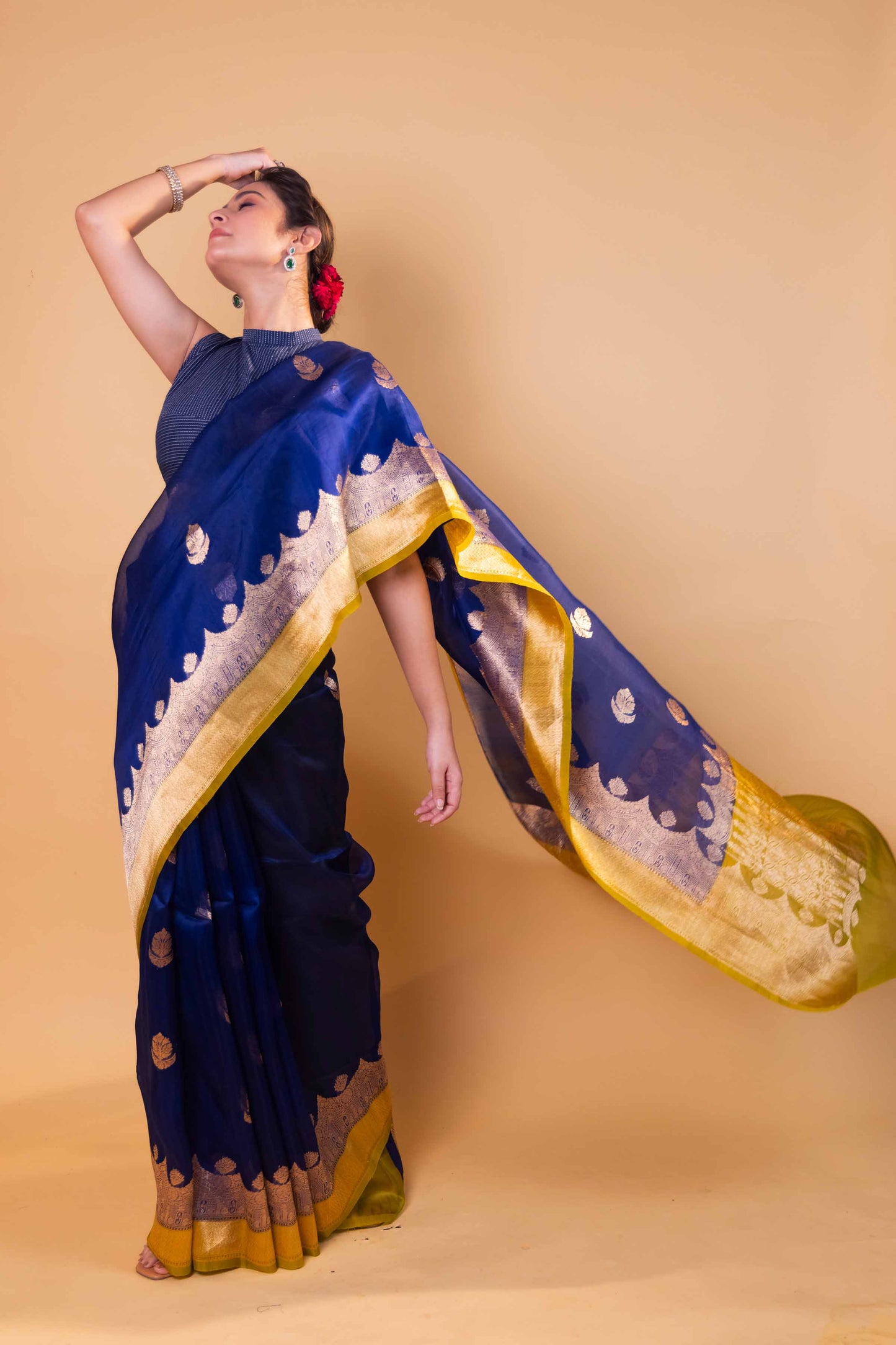 Royal Blue & Olive Kadhua Organza Silk Saree