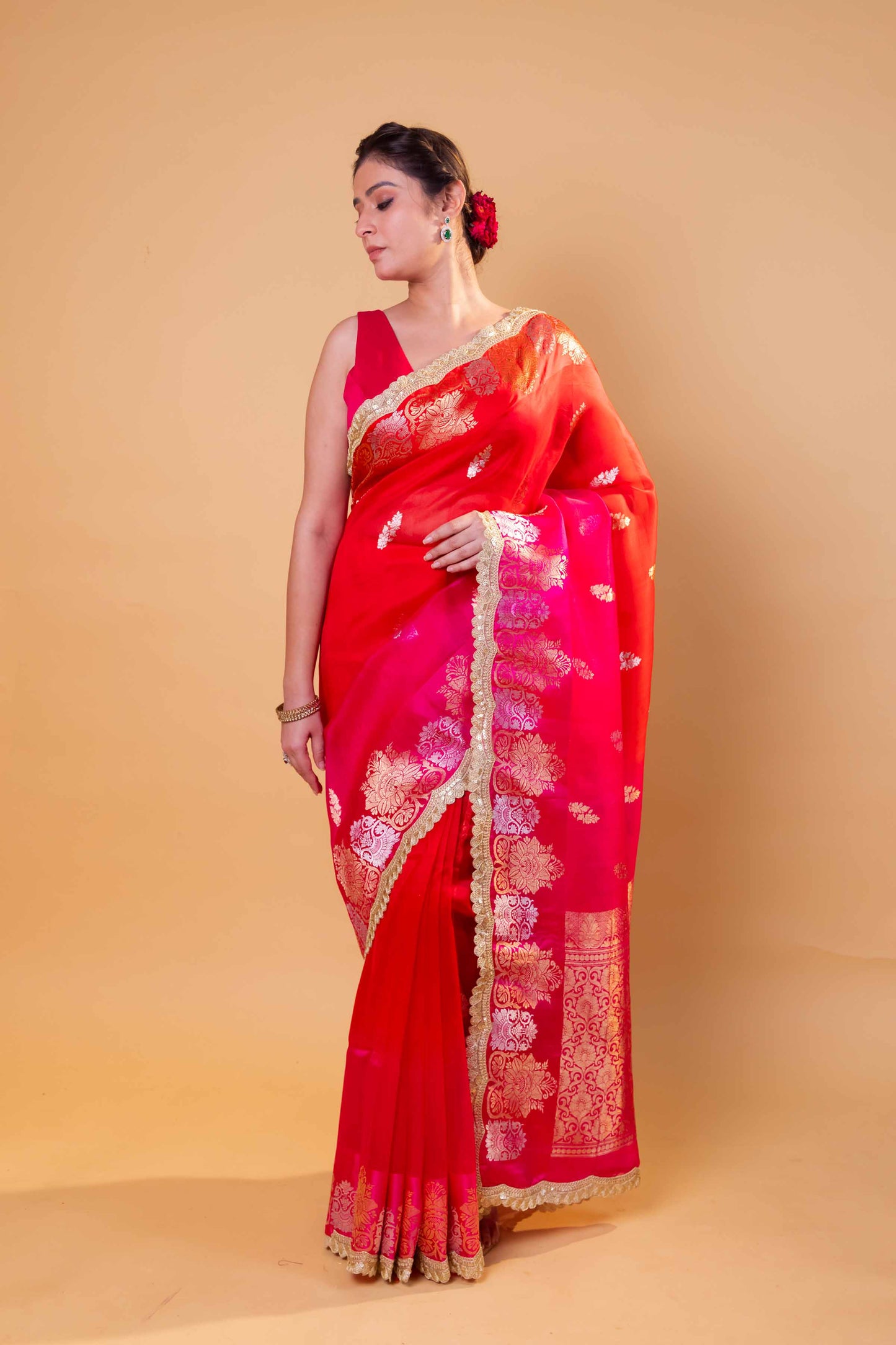 Red & Rani Shaded Kadhua Organza Silk Saree With Embellished Border