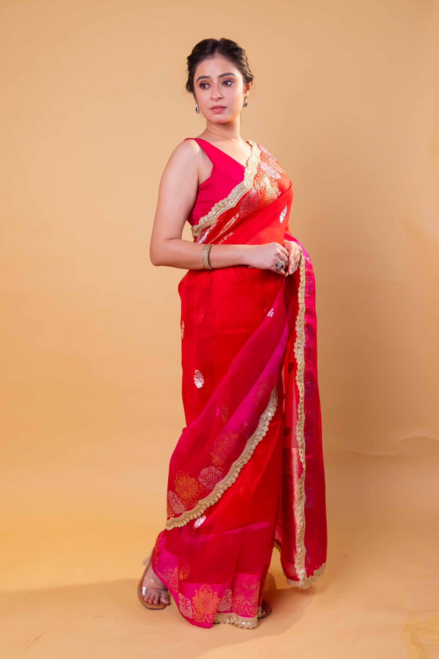 Red & Rani Shaded Kadhua Organza Silk Saree With Embellished Border