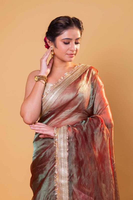 Green Dhup Chav Embellished Lace Pure Tissue Silk Saree