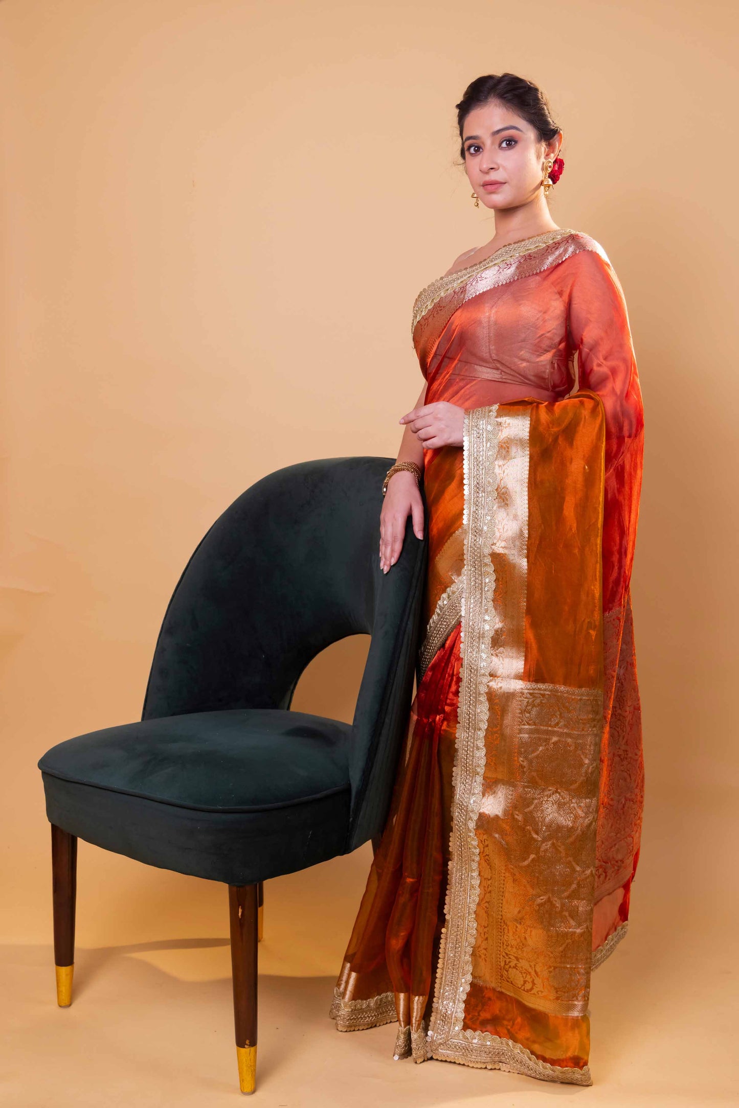 Mustard & Red Embellished Lace Pure Soft Tissue Silk Saree