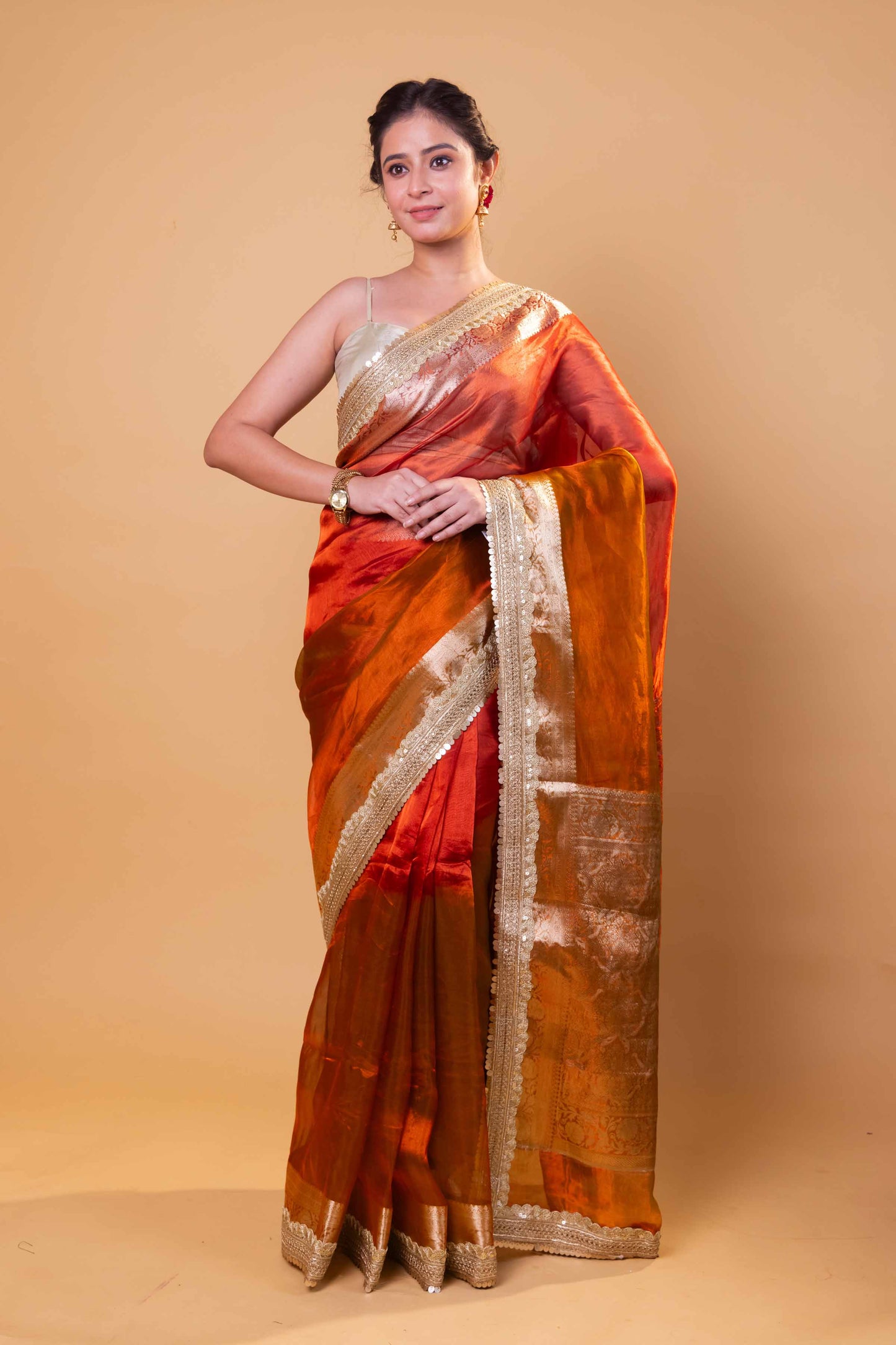 Mustard & Red Embellished Lace Pure Soft Tissue Silk Saree