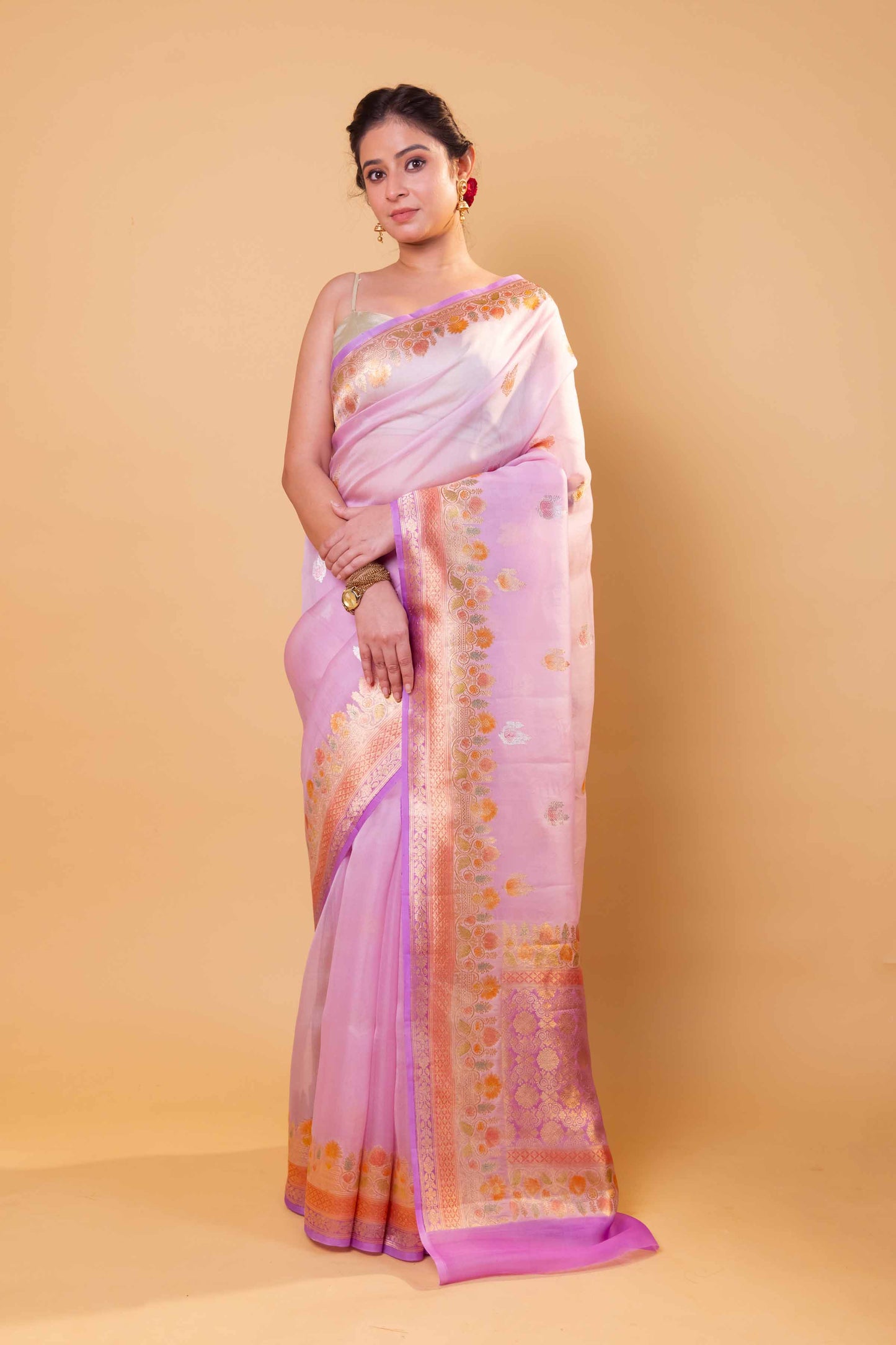 Lavender Meenakari Kadhua Organza Silk Saree
