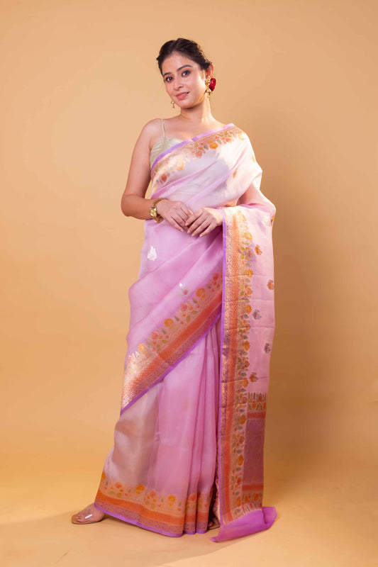 Lavender Meenakari Kadhua Organza Silk Saree