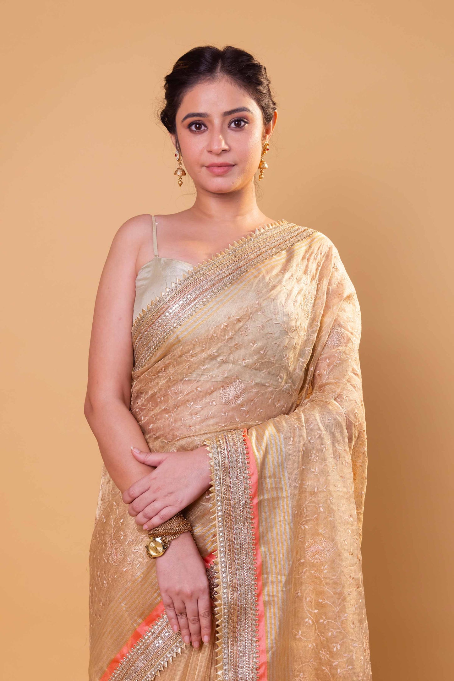 Beige Embroidered Tissue Silk Saree With Embroidery Lace