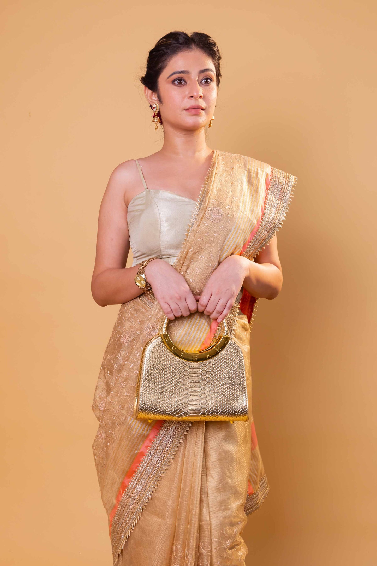 Beige Embroidered Tissue Silk Saree With Embroidery Lace