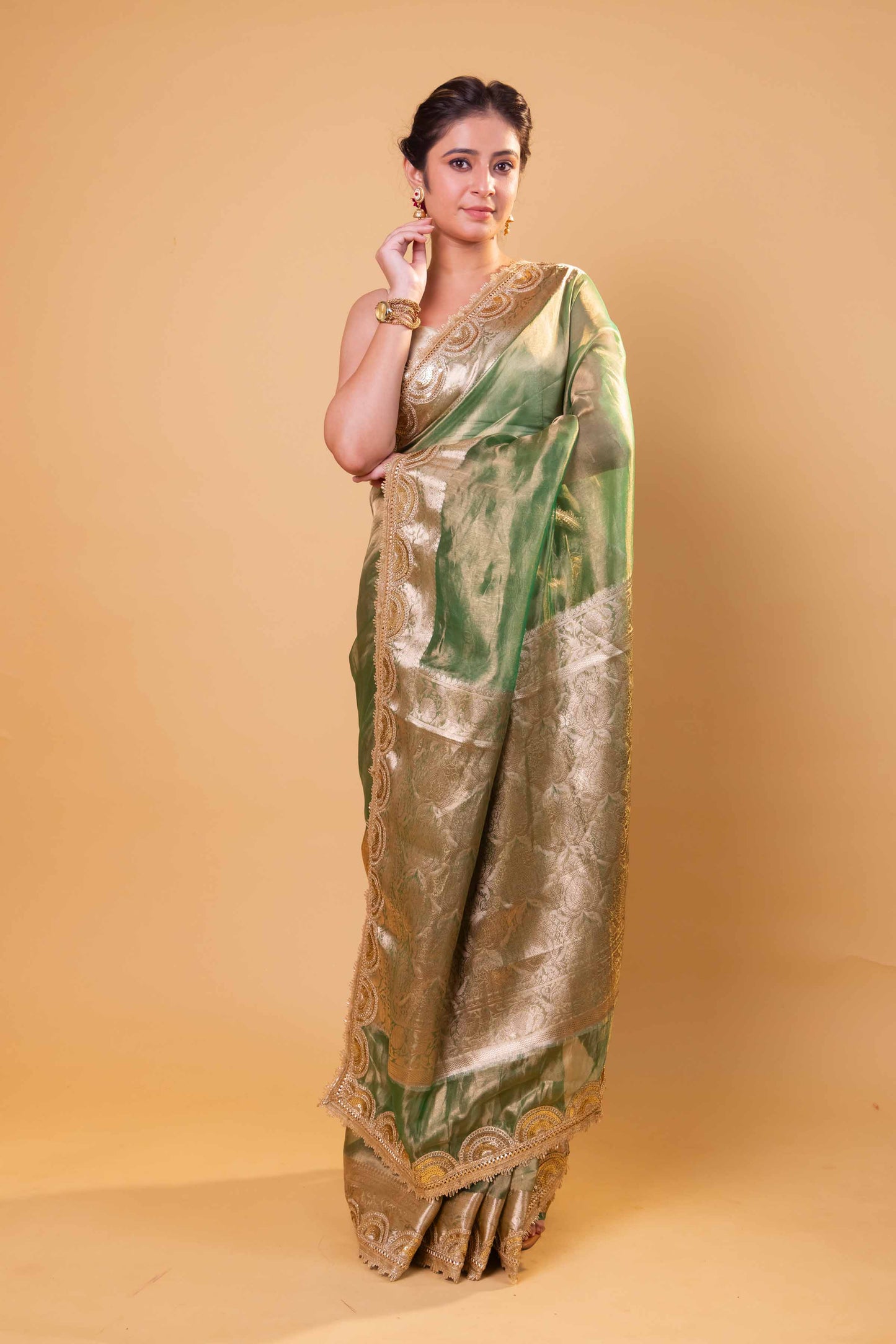 Pista Green Embellished Lace Pure Soft Tissue Silk Saree