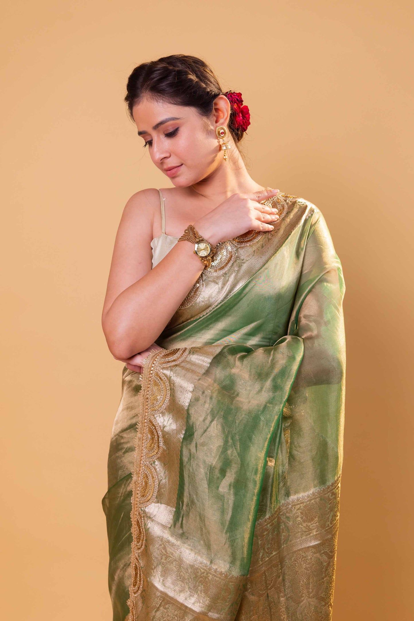 Pista Green Embellished Lace Pure Soft Tissue Silk Saree