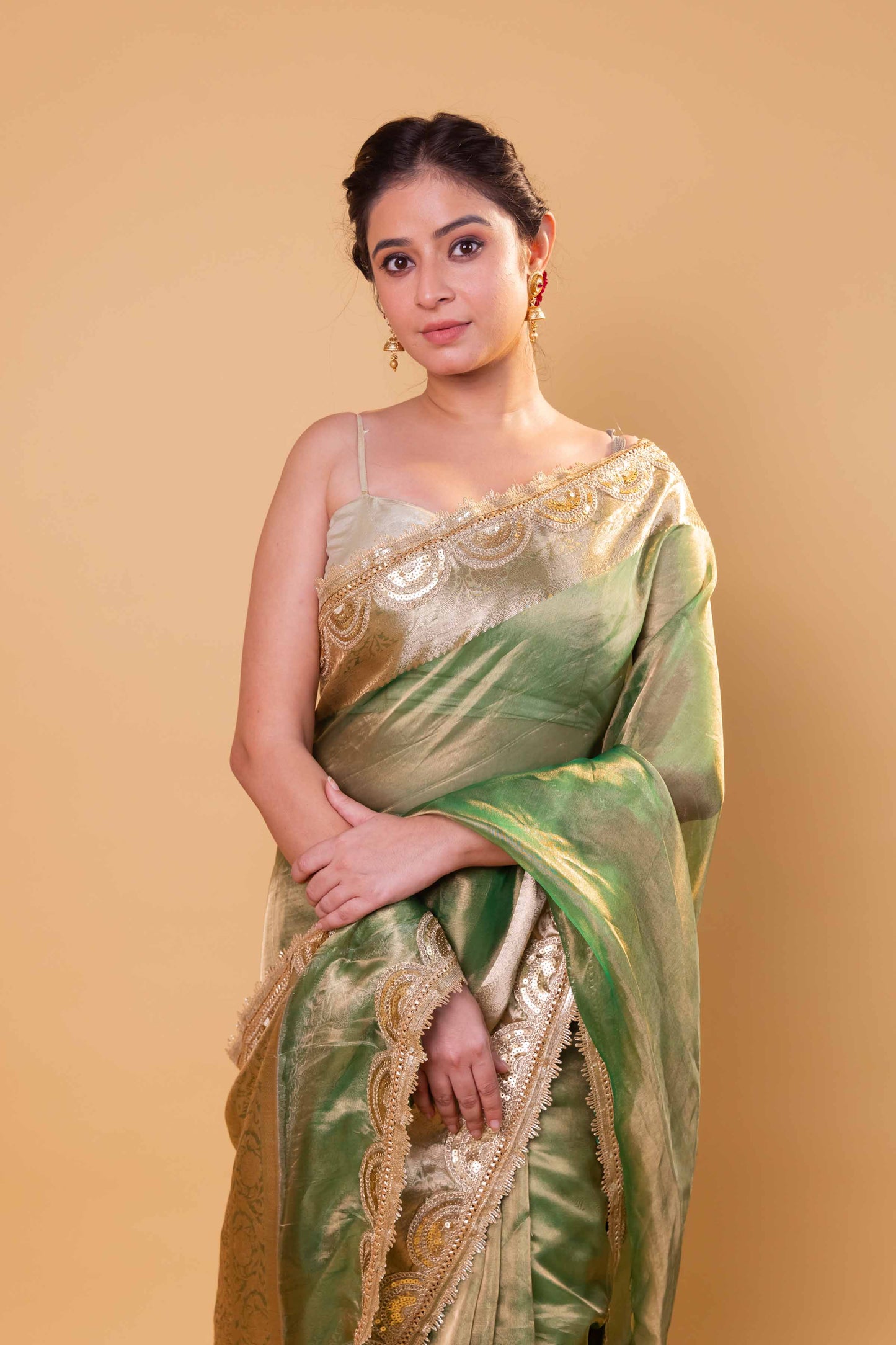 Pista Green Embellished Lace Pure Soft Tissue Silk Saree