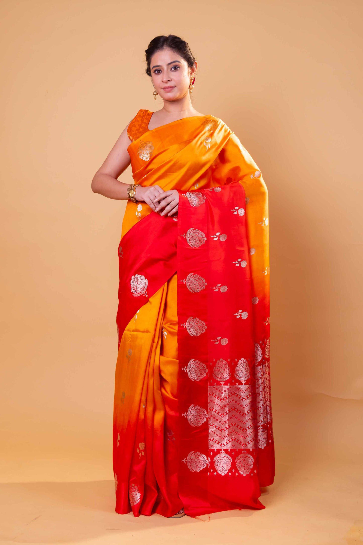 Orange & Red Floral Weaving Raw Mango Silk Saree