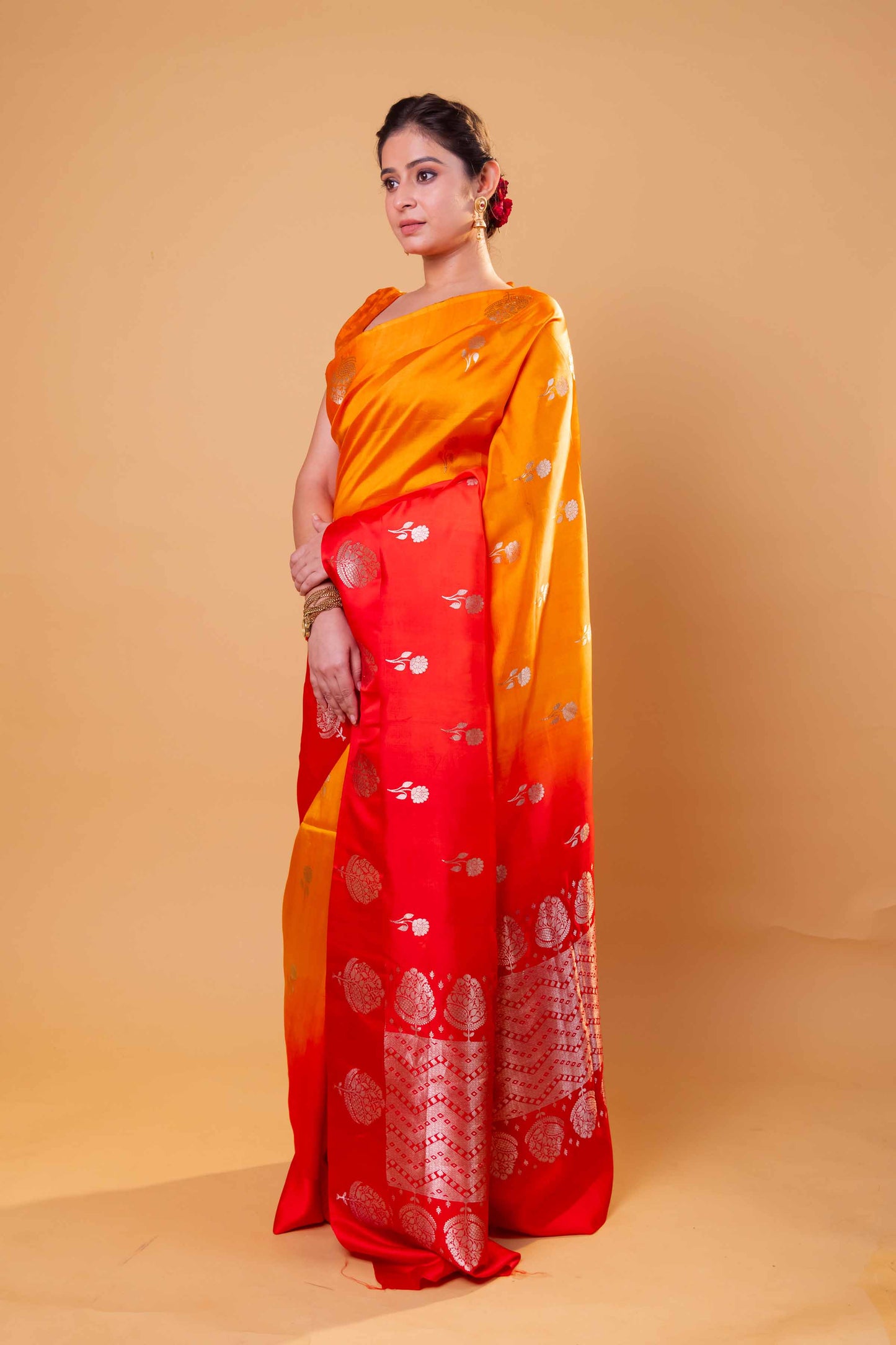 Orange & Red Floral Weaving Raw Mango Silk Saree