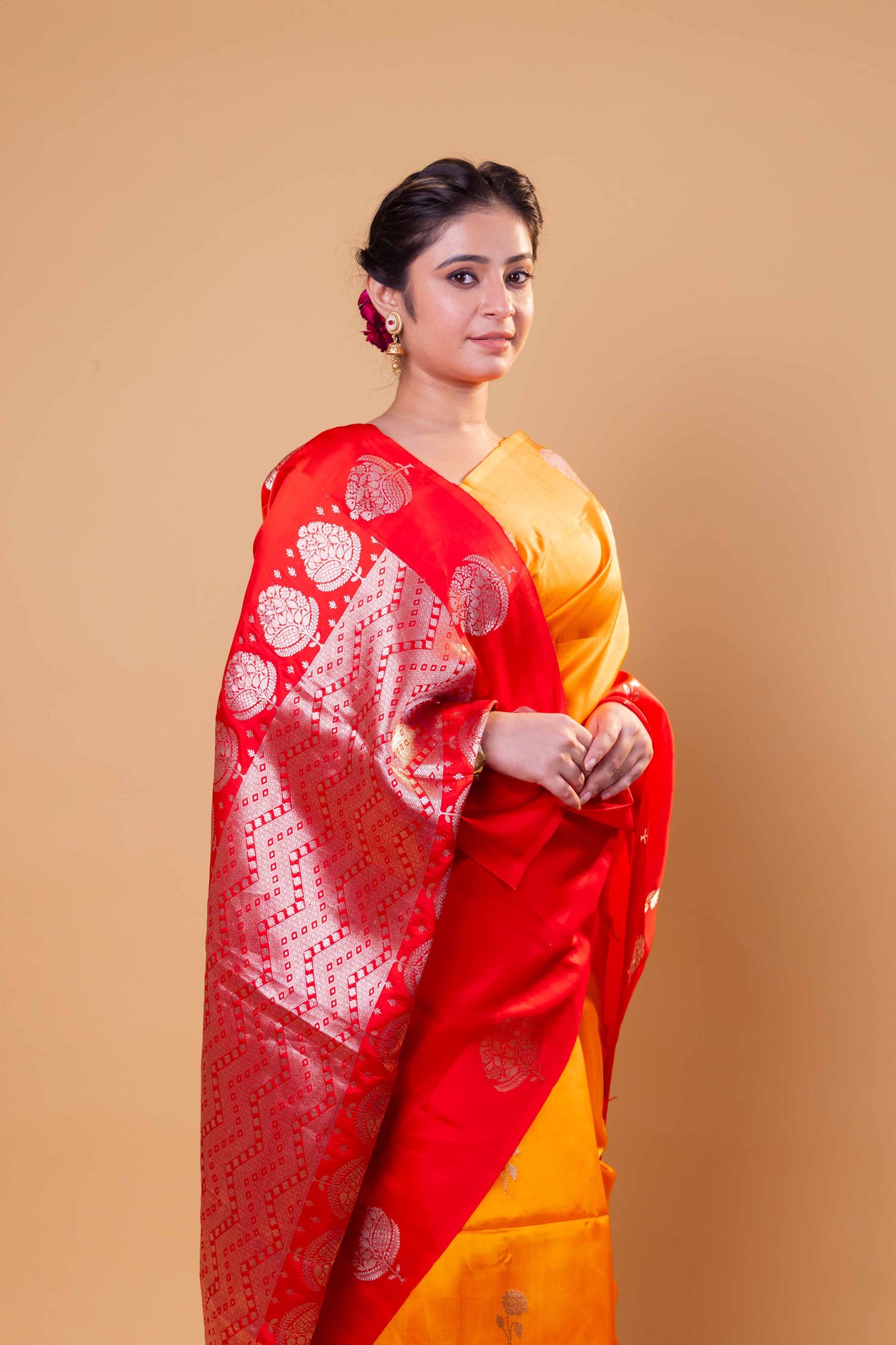 Orange & Red Floral Weaving Raw Mango Silk Saree