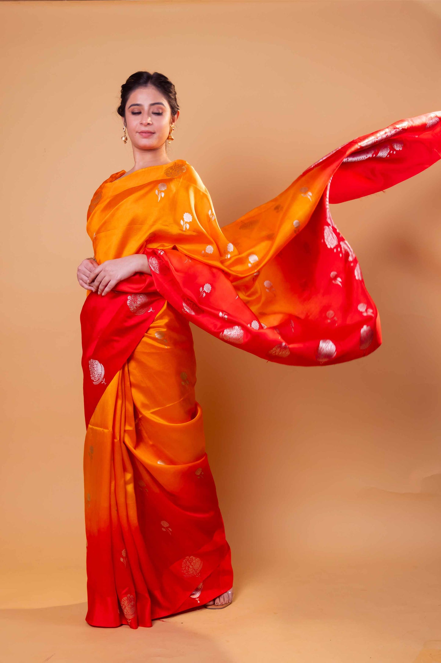 Orange & Red Floral Weaving Raw Mango Silk Saree