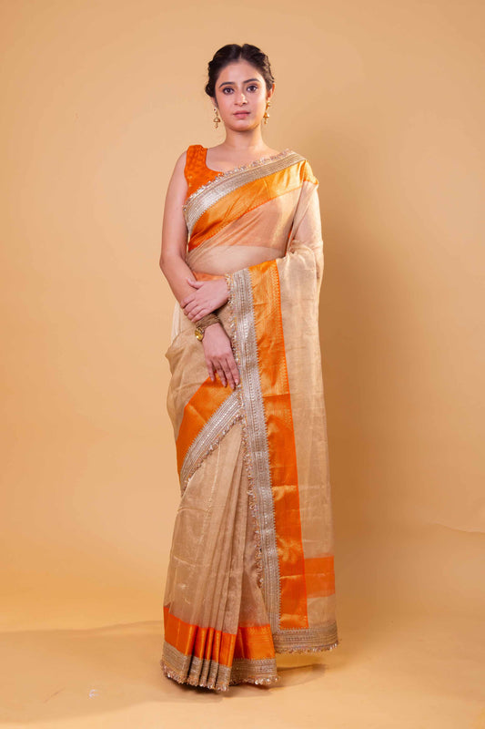 Gold Rekha Inspired Tissue Silk Saree With Embroidered Lace