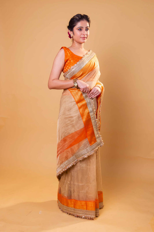 Gold Rekha Inspired Tissue Silk Saree With Embroidered Lace
