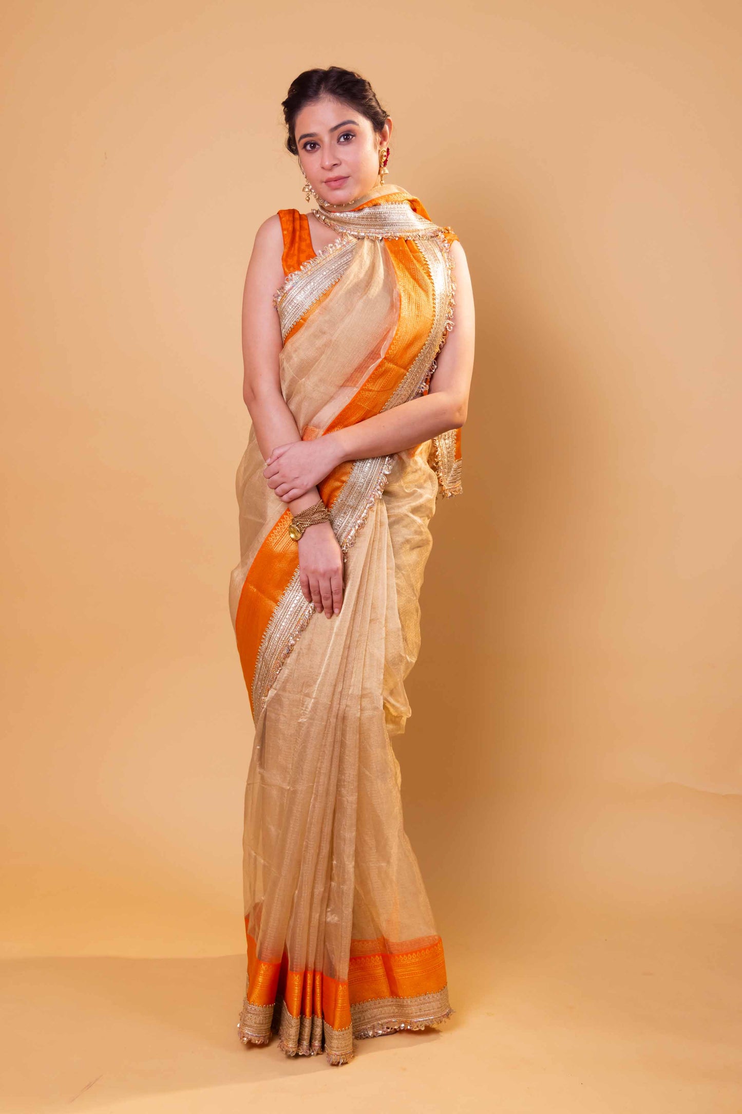 Gold Rekha Inspired Tissue Silk Saree With Embroidered Lace