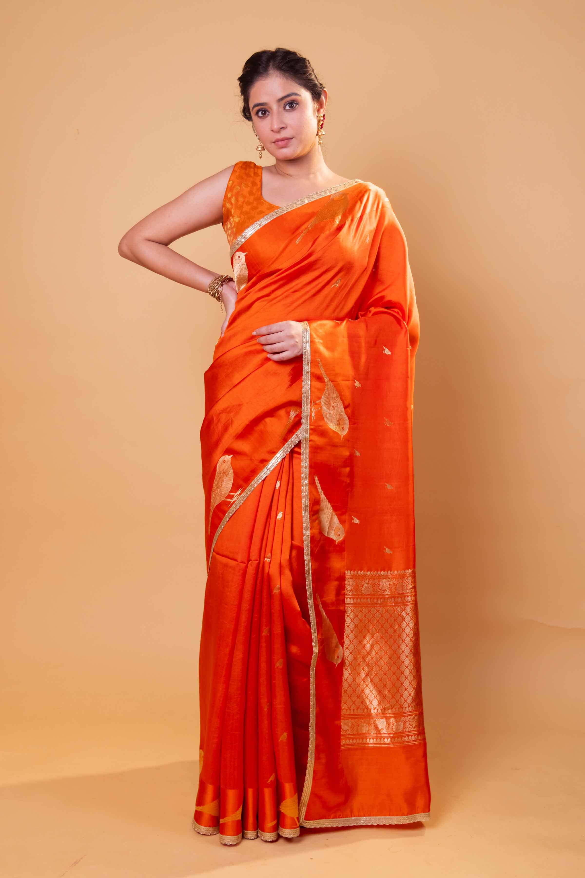Orange Bird Weaving Puna Silk Saree