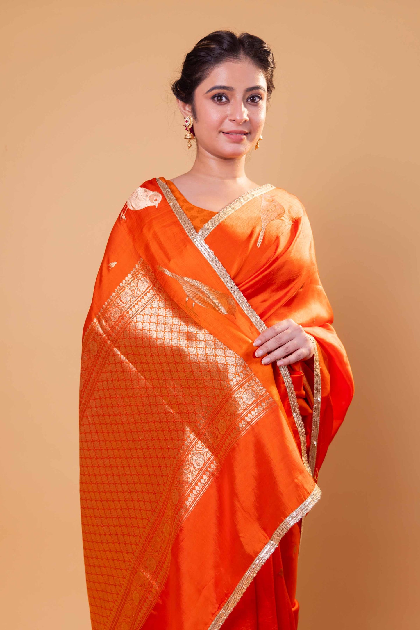 Orange Bird Weaving Raw Mango Silk Saree