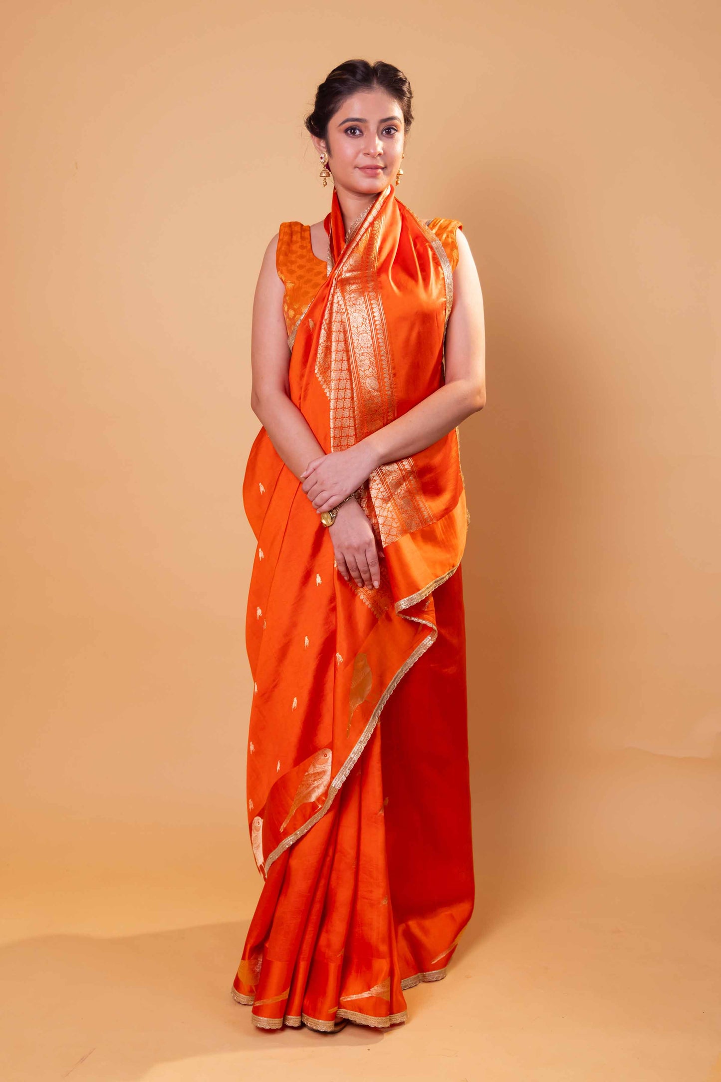Orange Bird Weaving Raw Mango Silk Saree