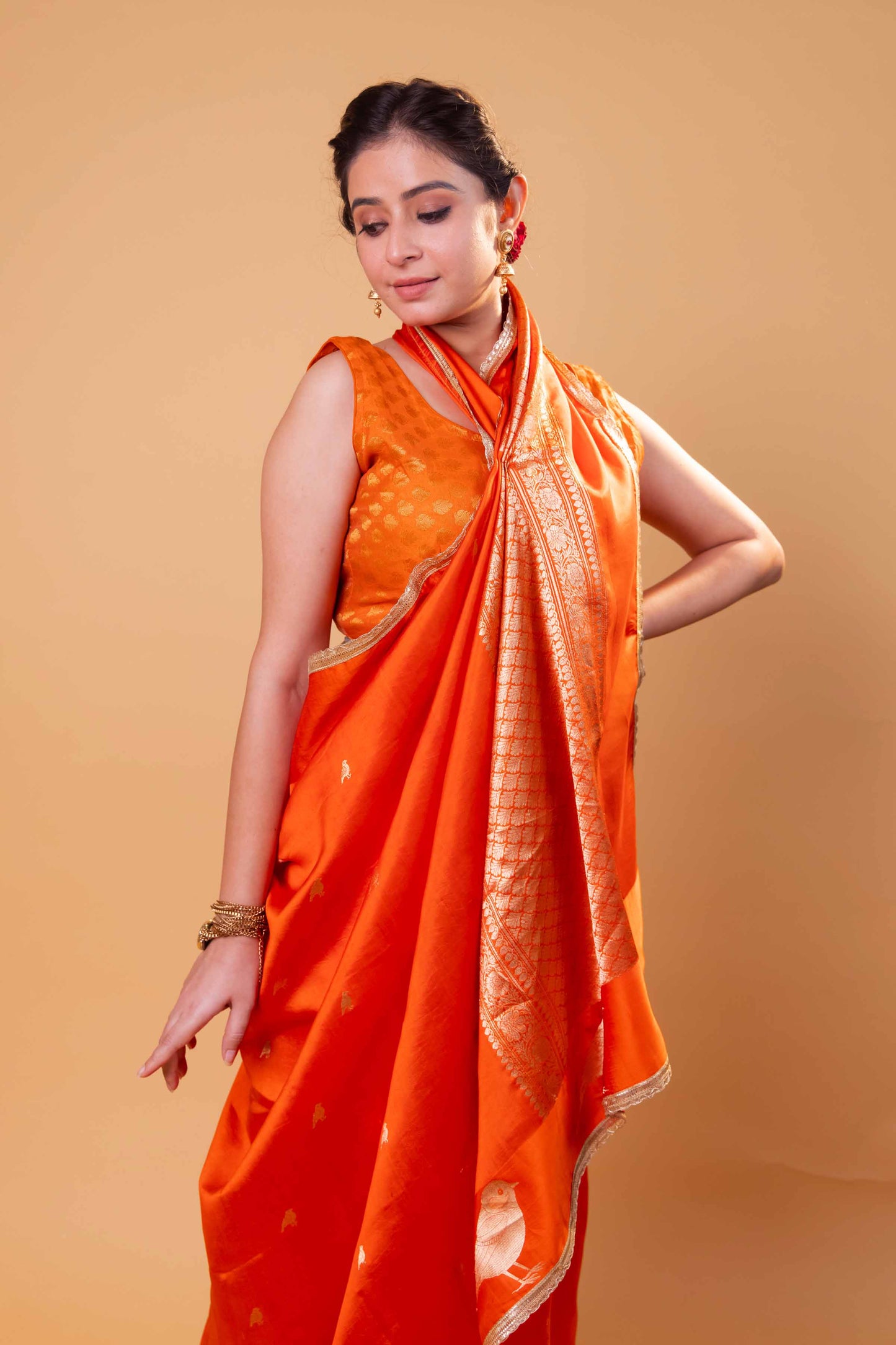 Orange Bird Weaving Raw Mango Silk Saree