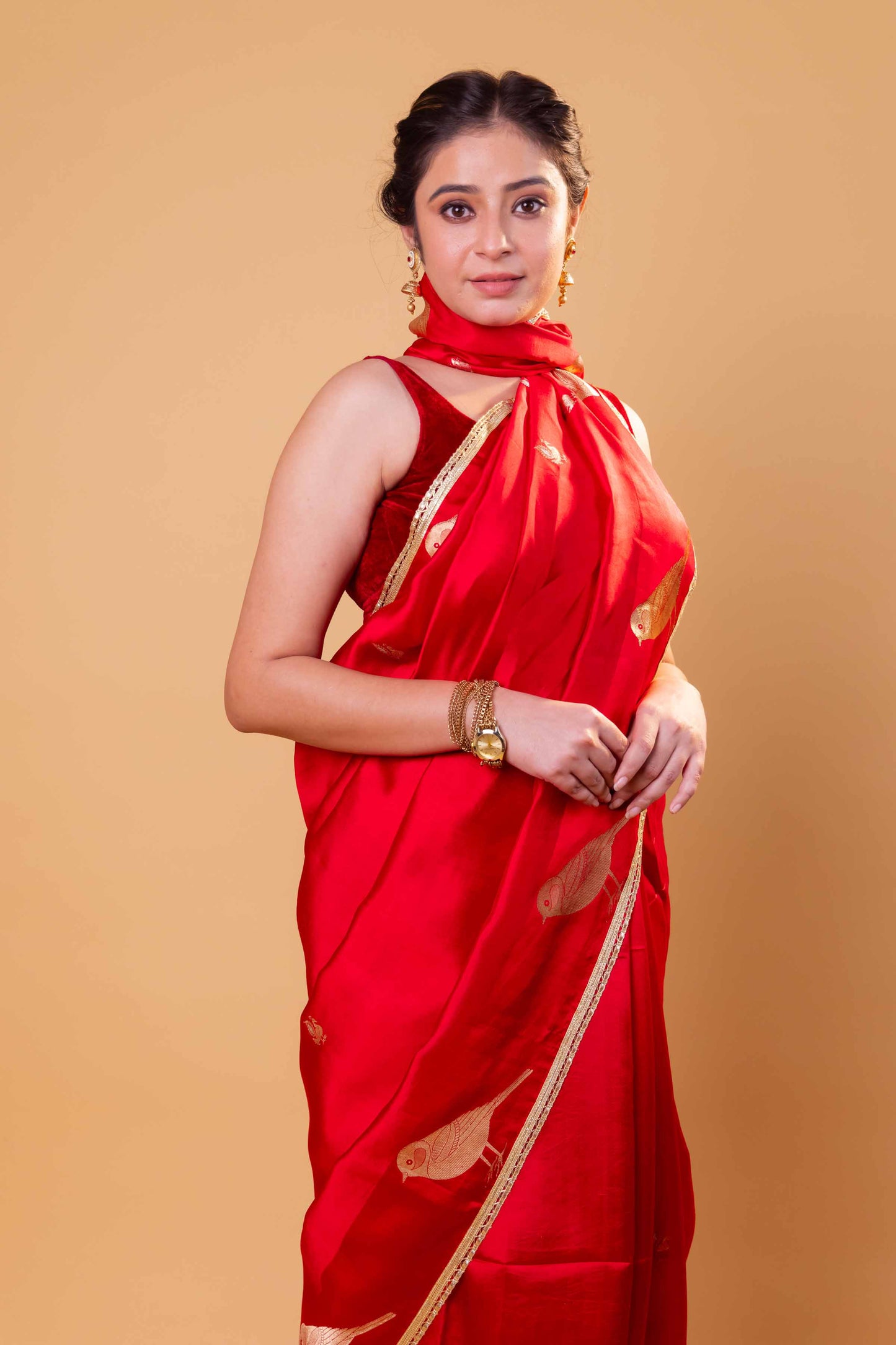 Red Nita Ambani Embellished Raw Mango Silk Saree