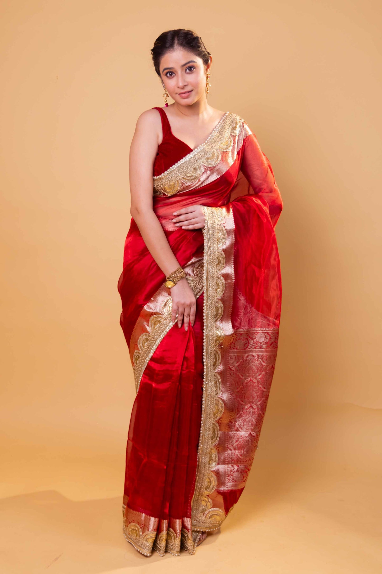 Red Embellished Lace Pure Soft Tissue Silk Saree