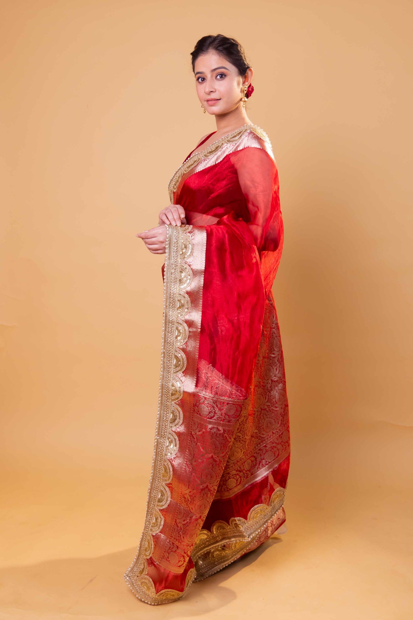 Red Embellished Lace Pure Soft Tissue Silk Saree
