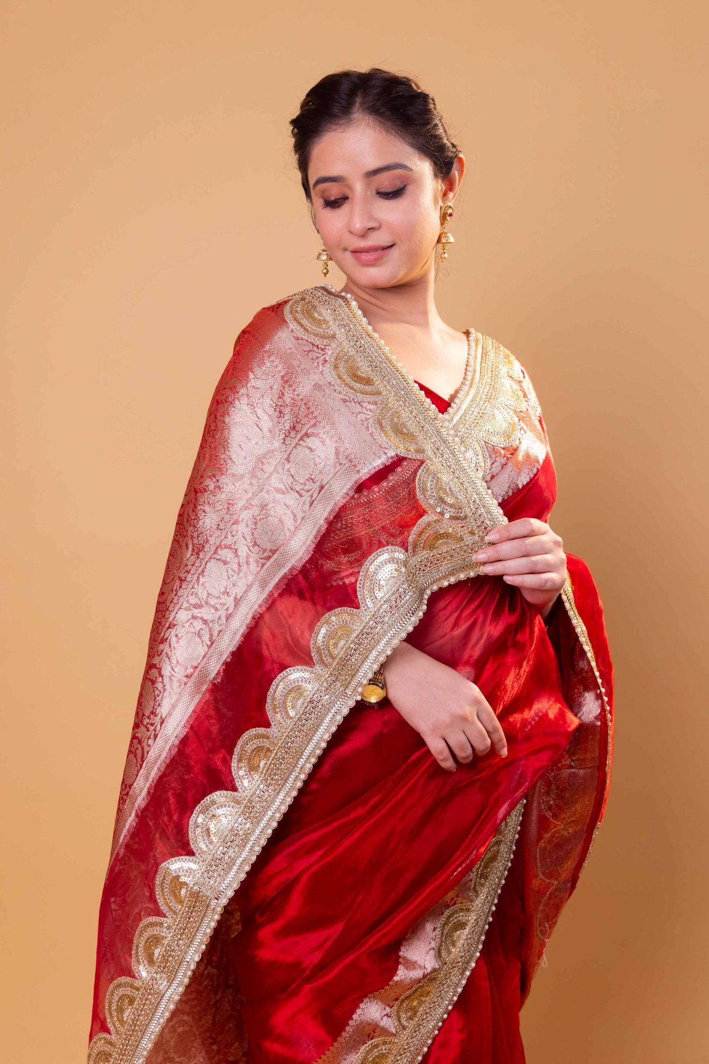 Red Embellished Lace Pure Soft Tissue Silk Saree