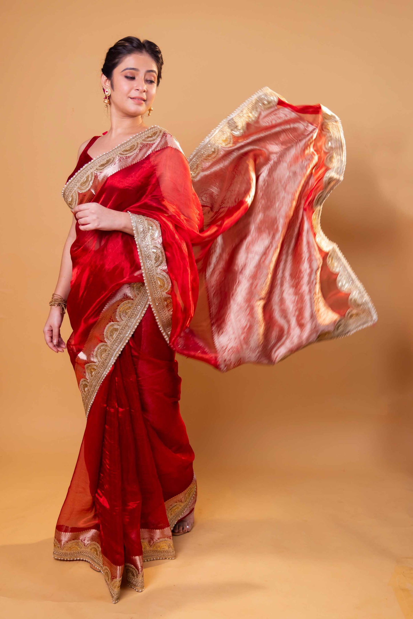 Red Embellished Lace Pure Soft Tissue Silk Saree