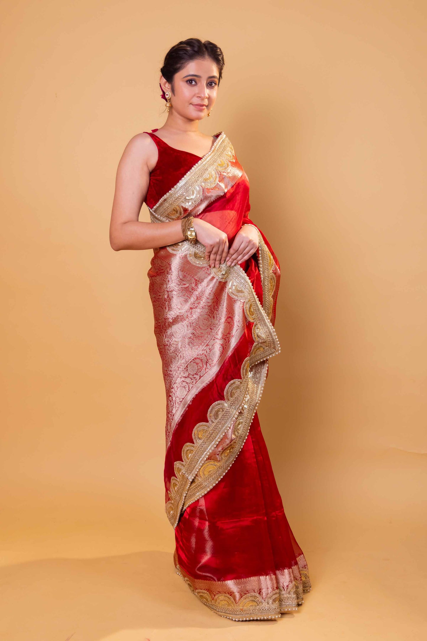 Red Embellished Lace Pure Soft Tissue Silk Saree
